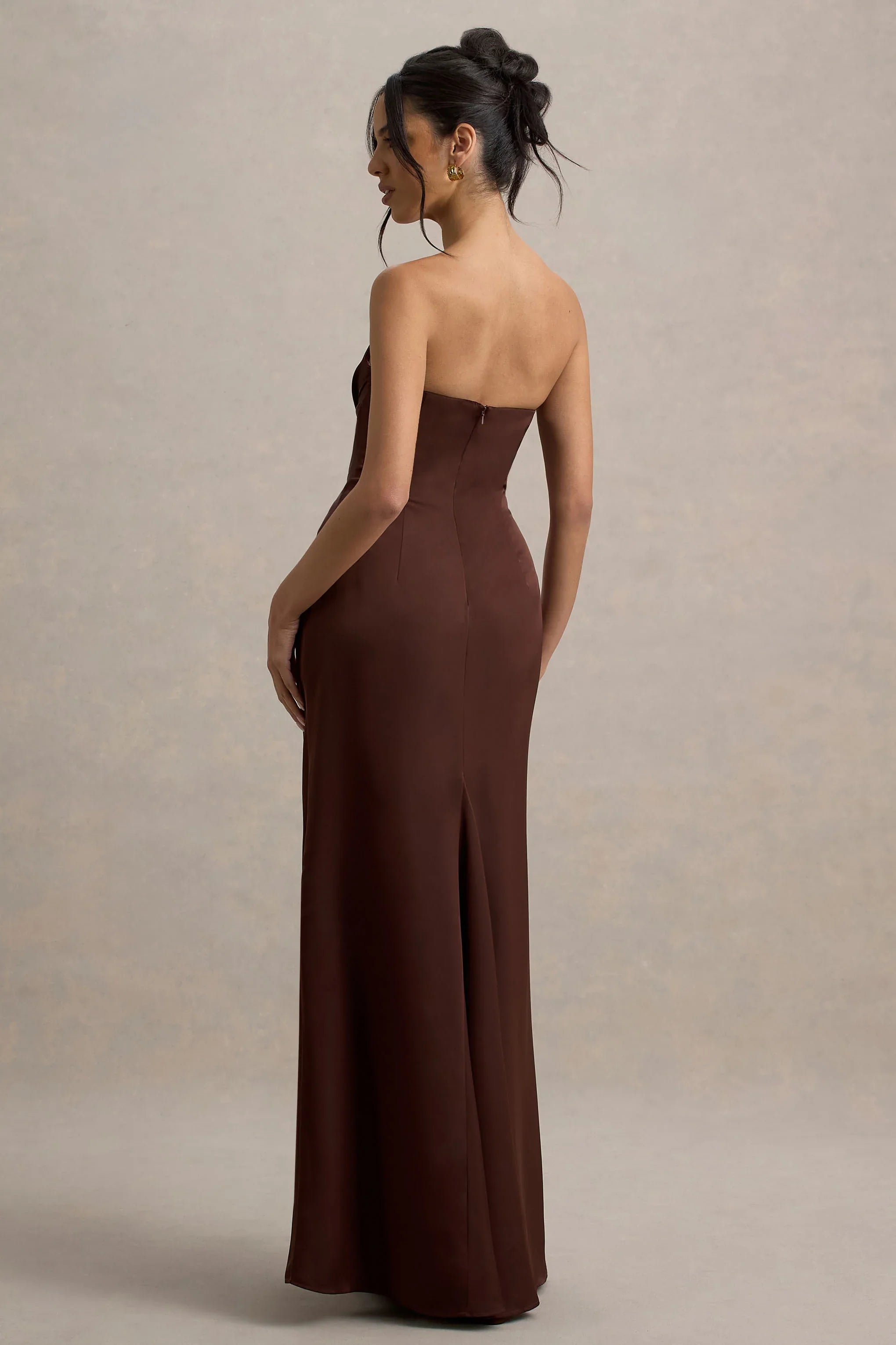 Mackenzie Brown Satin Plunge Neck Draped Maxi Dress