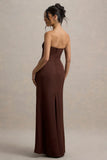 Mackenzie Brown Satin Plunge Neck Draped Maxi Dress