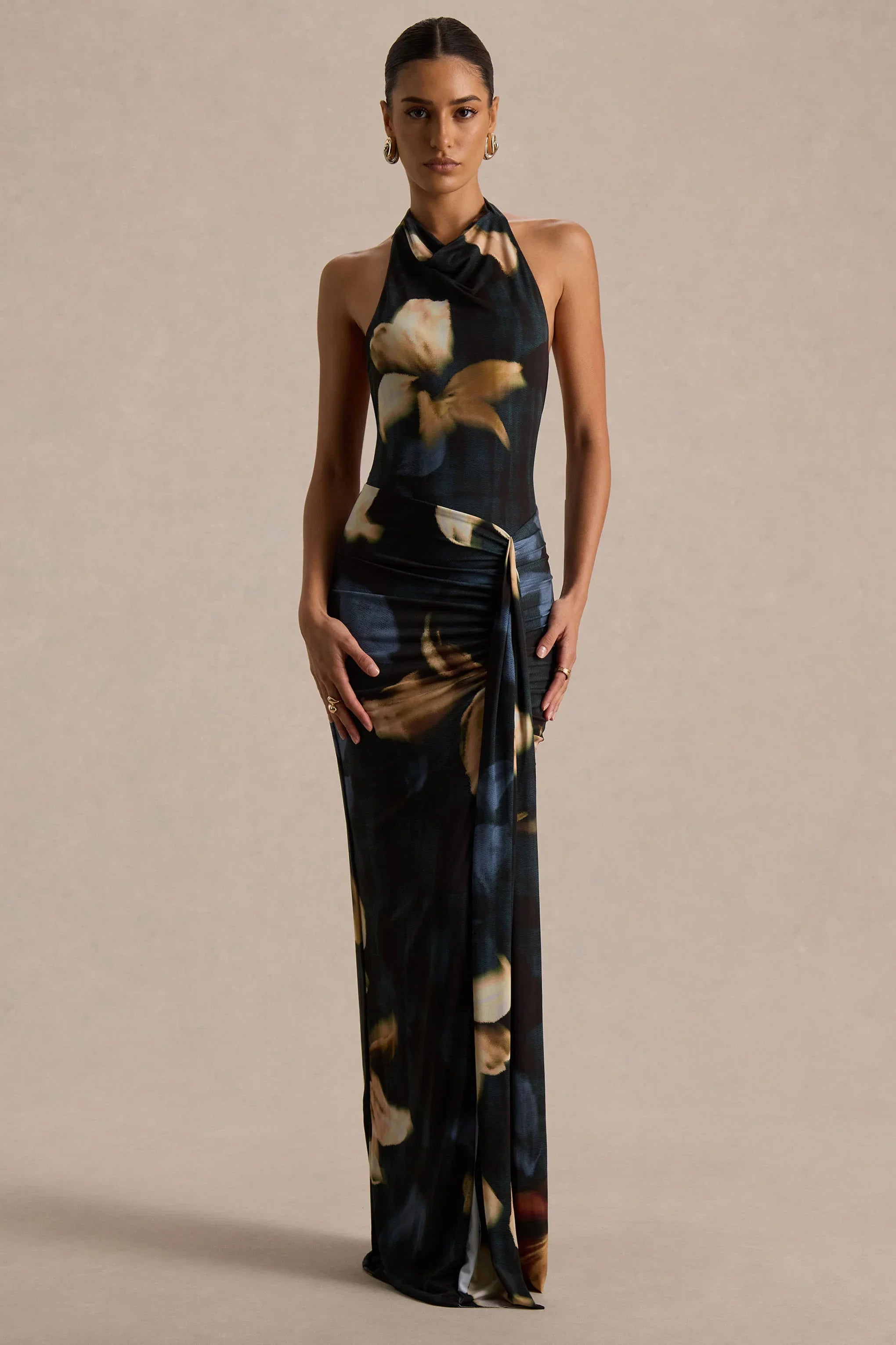 Sunflower Dark Lily Print High Neck Maxi Dress With Front High Split