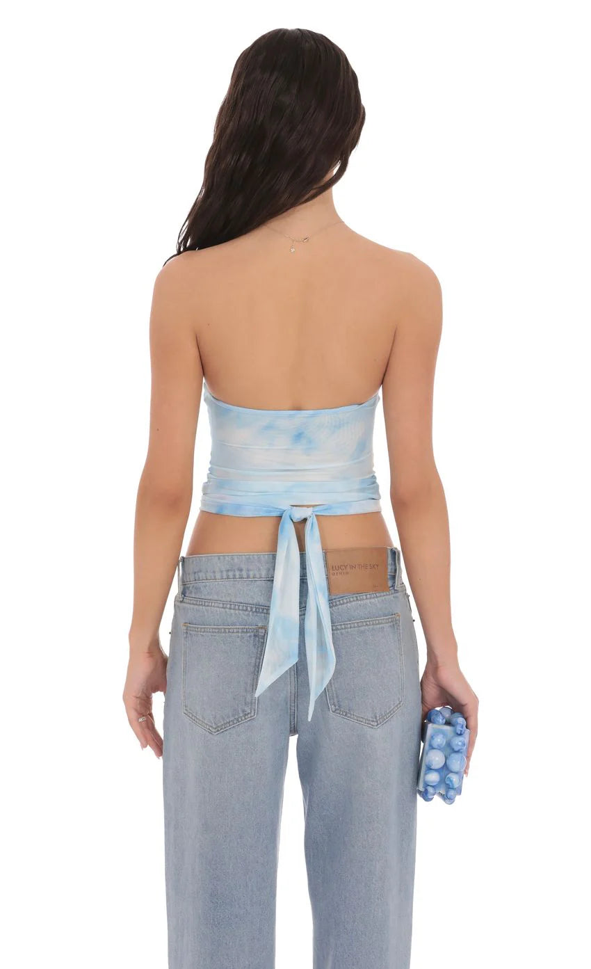Tie Dye Mesh Cutout Strapless Top in Blue