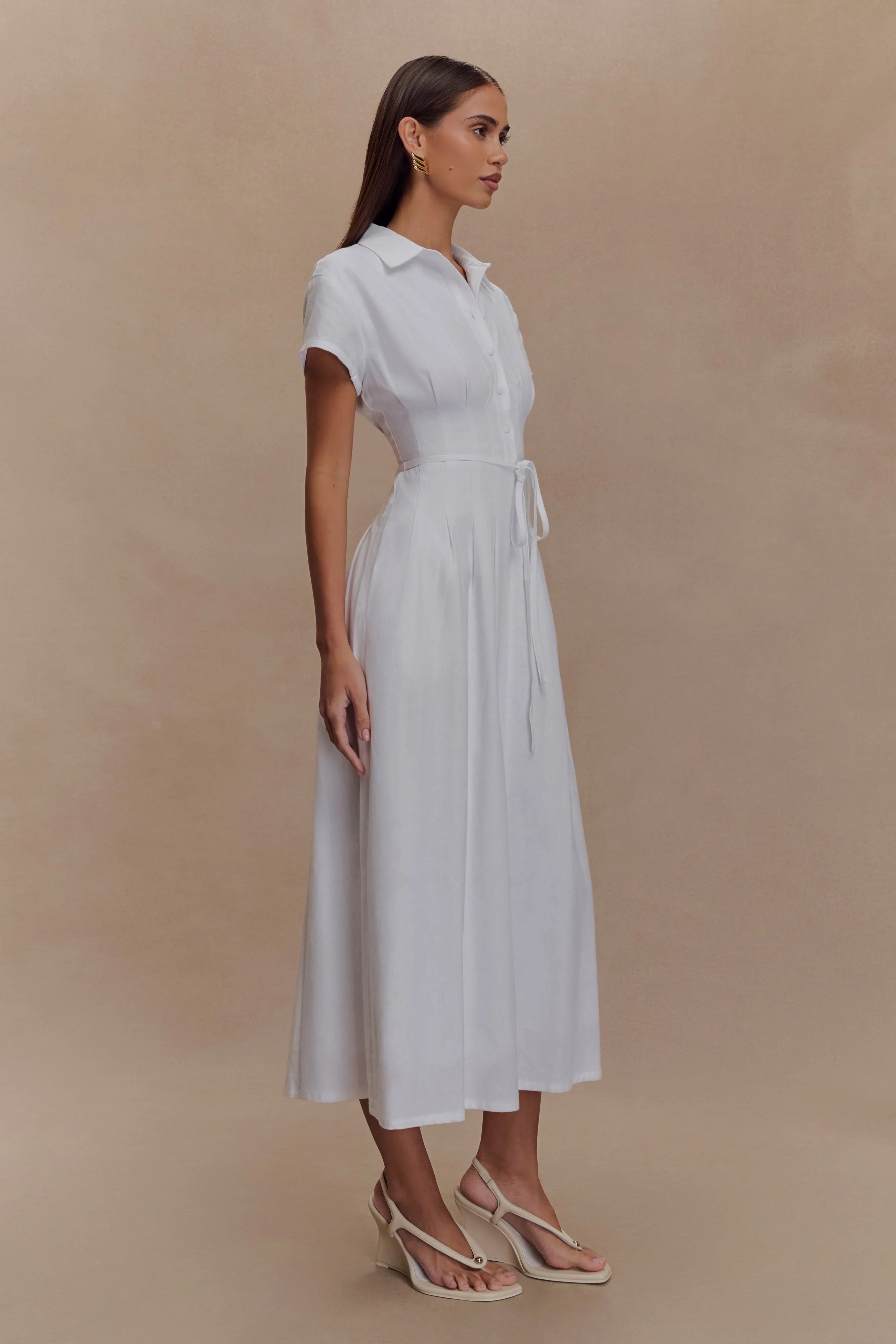 Aysha Buttoned Linen Midi Dress White