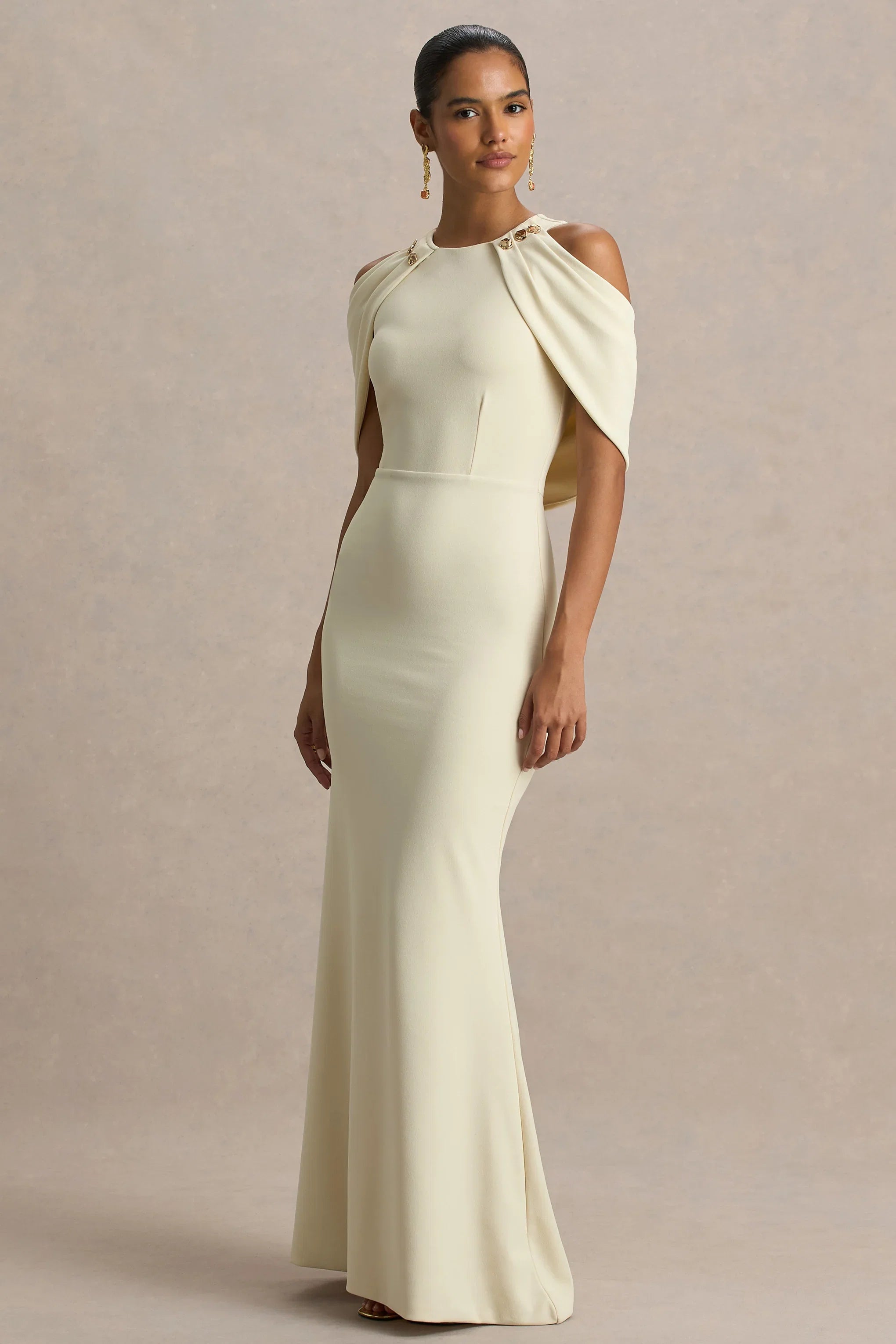 Yulia Sand High Neck Maxi Dress With Cape Sleeves