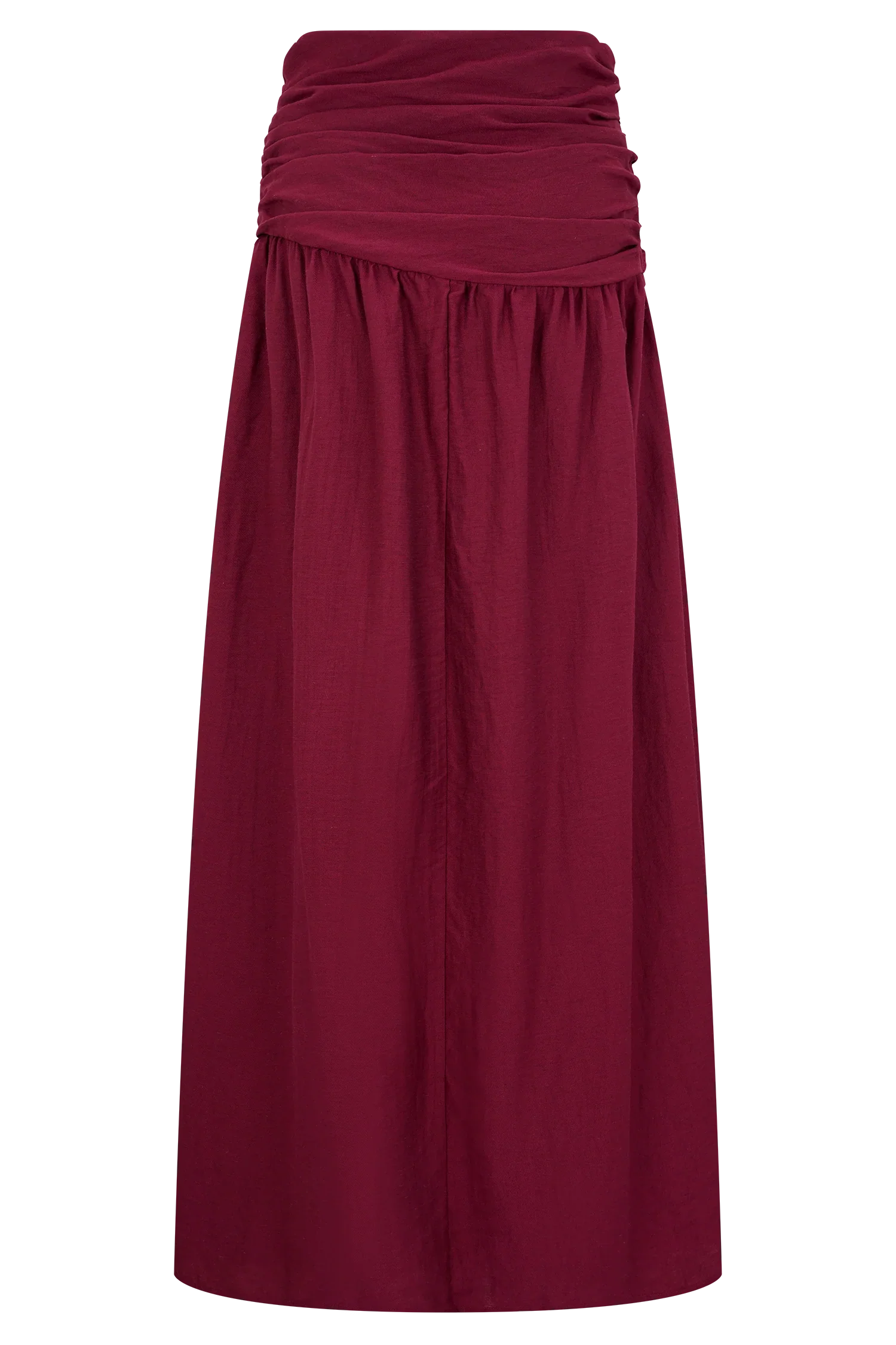 Scottie Gathered Linen Knot Maxi Skirt Wine