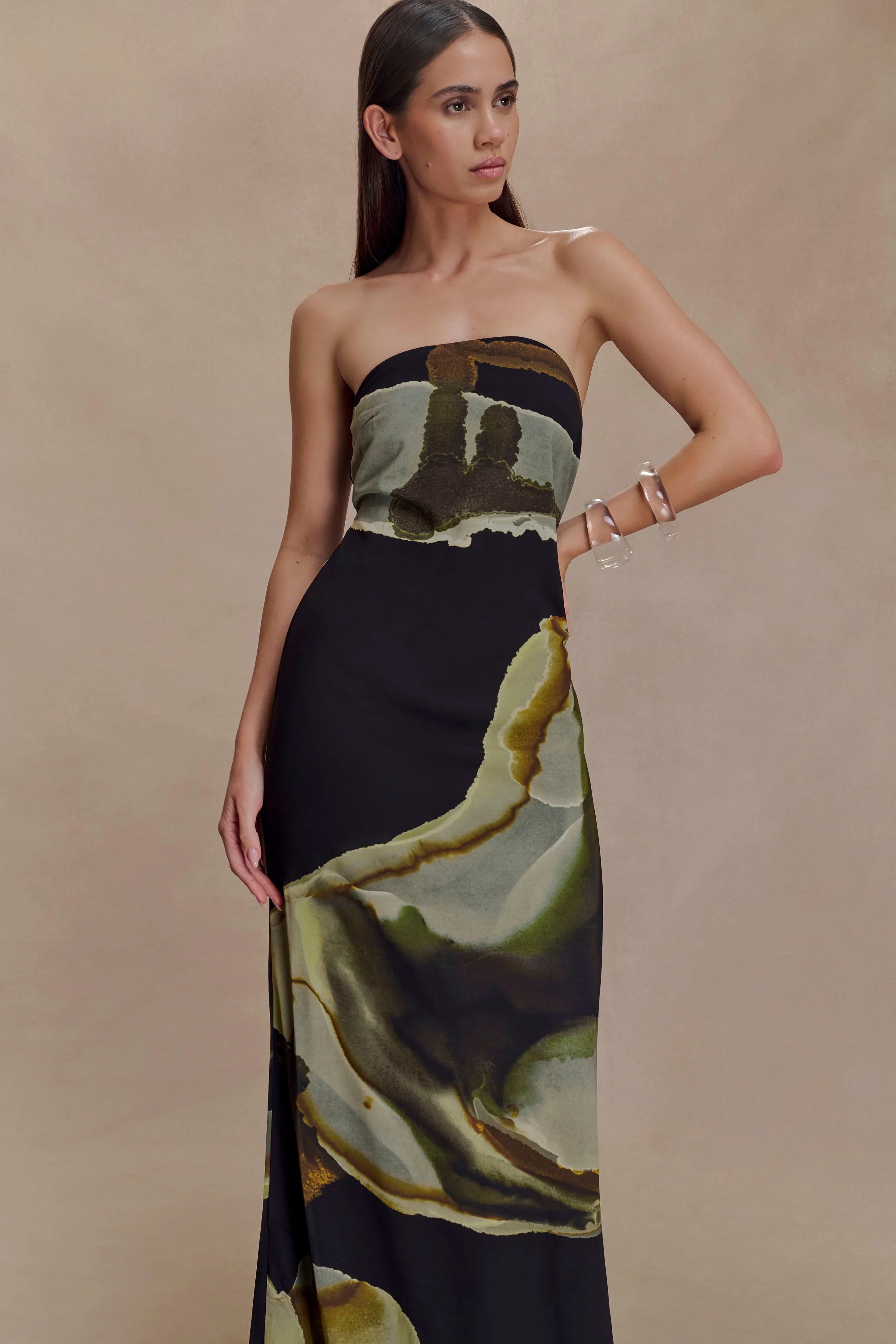 Amaya Strapless Chiffon Maxi Dress Green Fluid Reverie Print