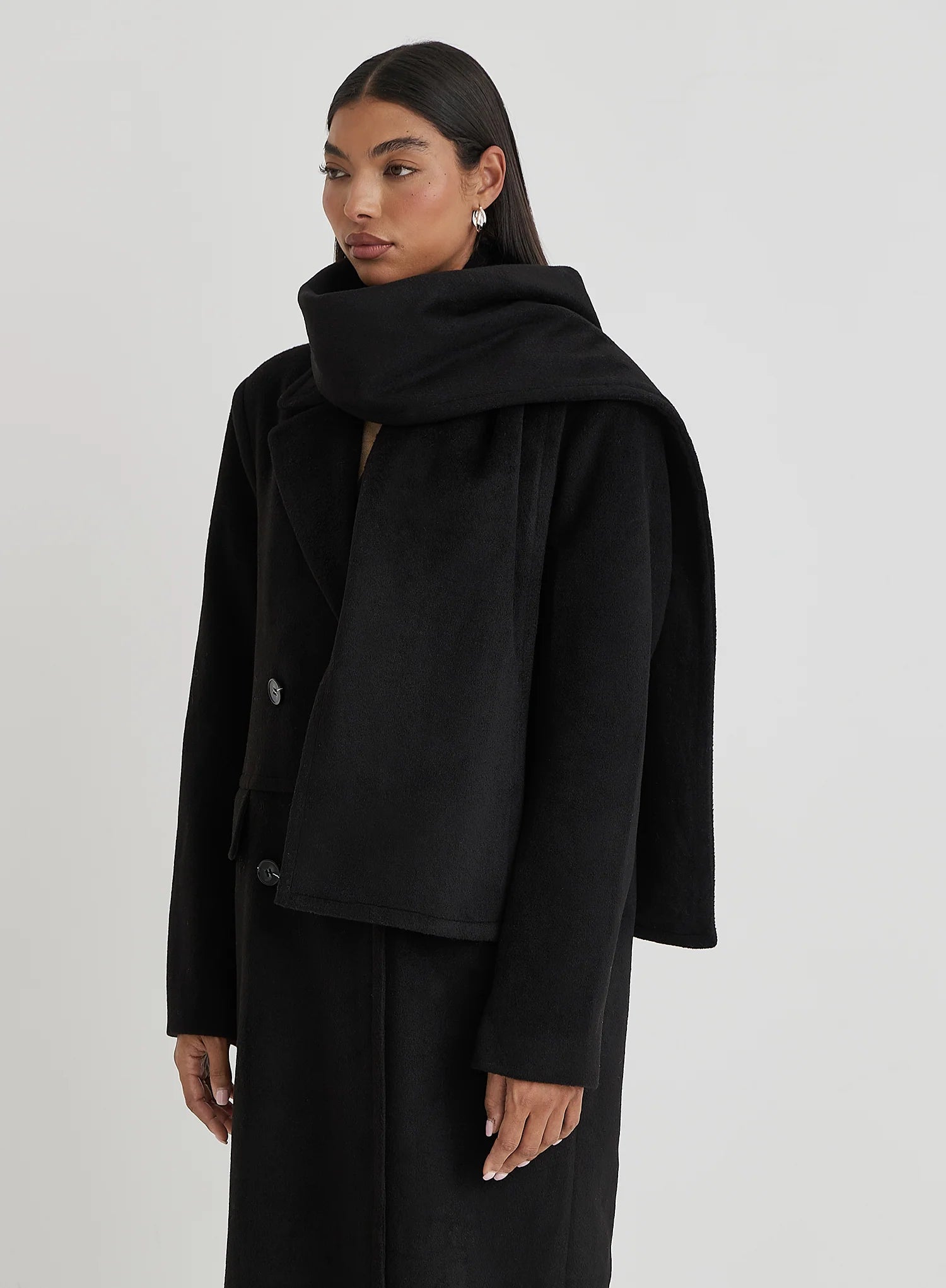 Black Tailored Oversized Maxi Coat With Scarf Melia