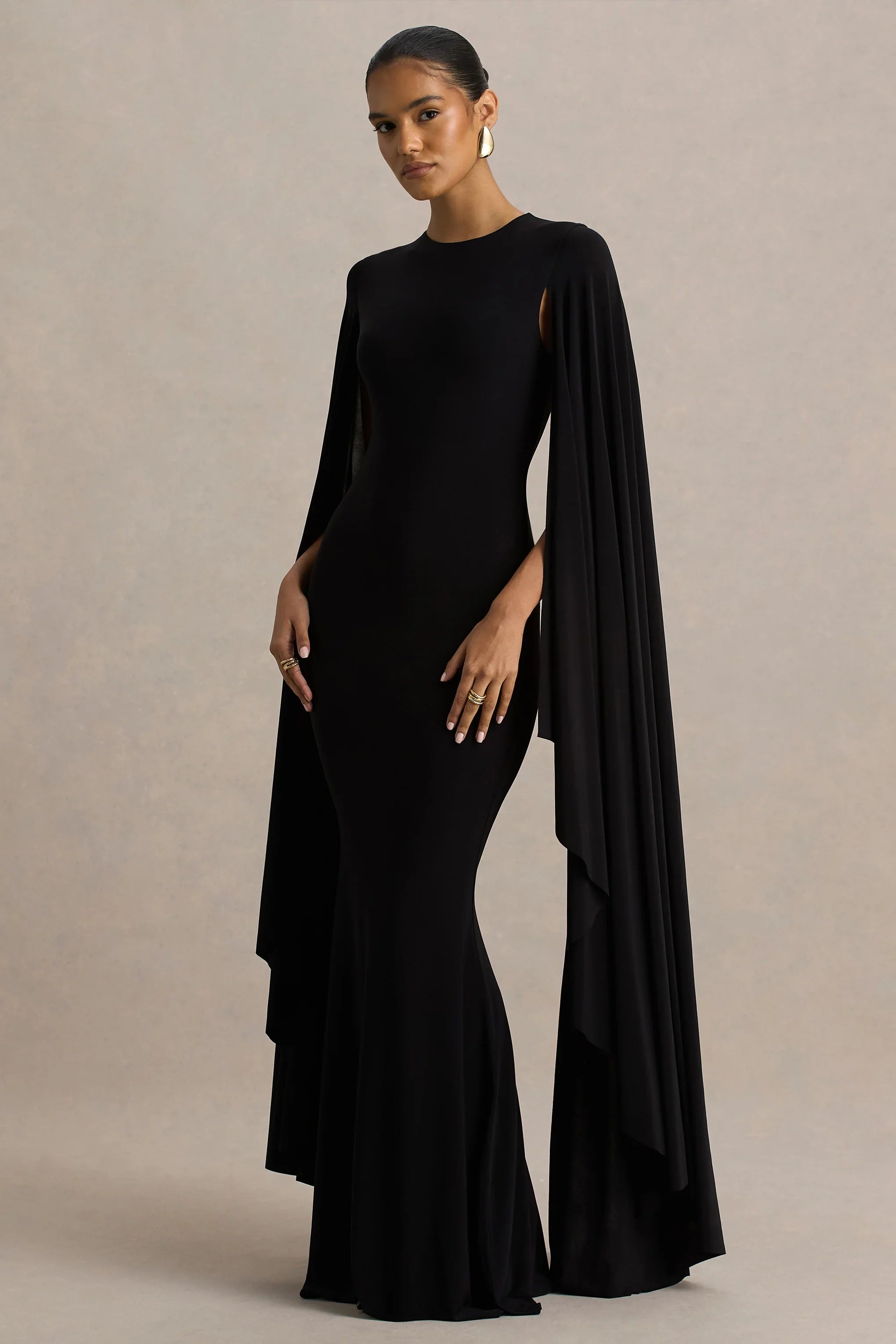 Briony Black Crew Neck Maxi Dress With Cape Sleeves