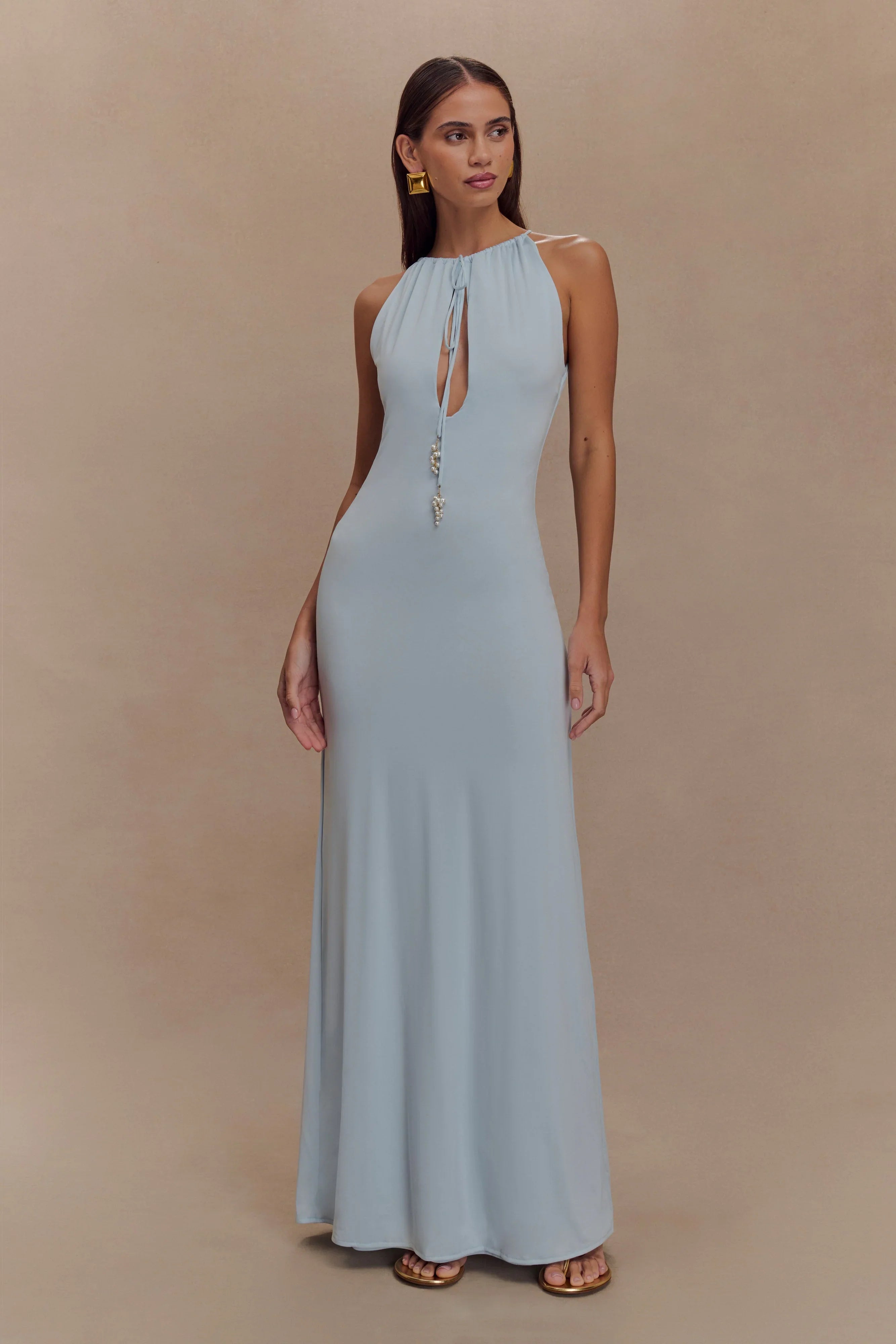 Beryl Slinky Maxi Dress With Pearls Pale Blue