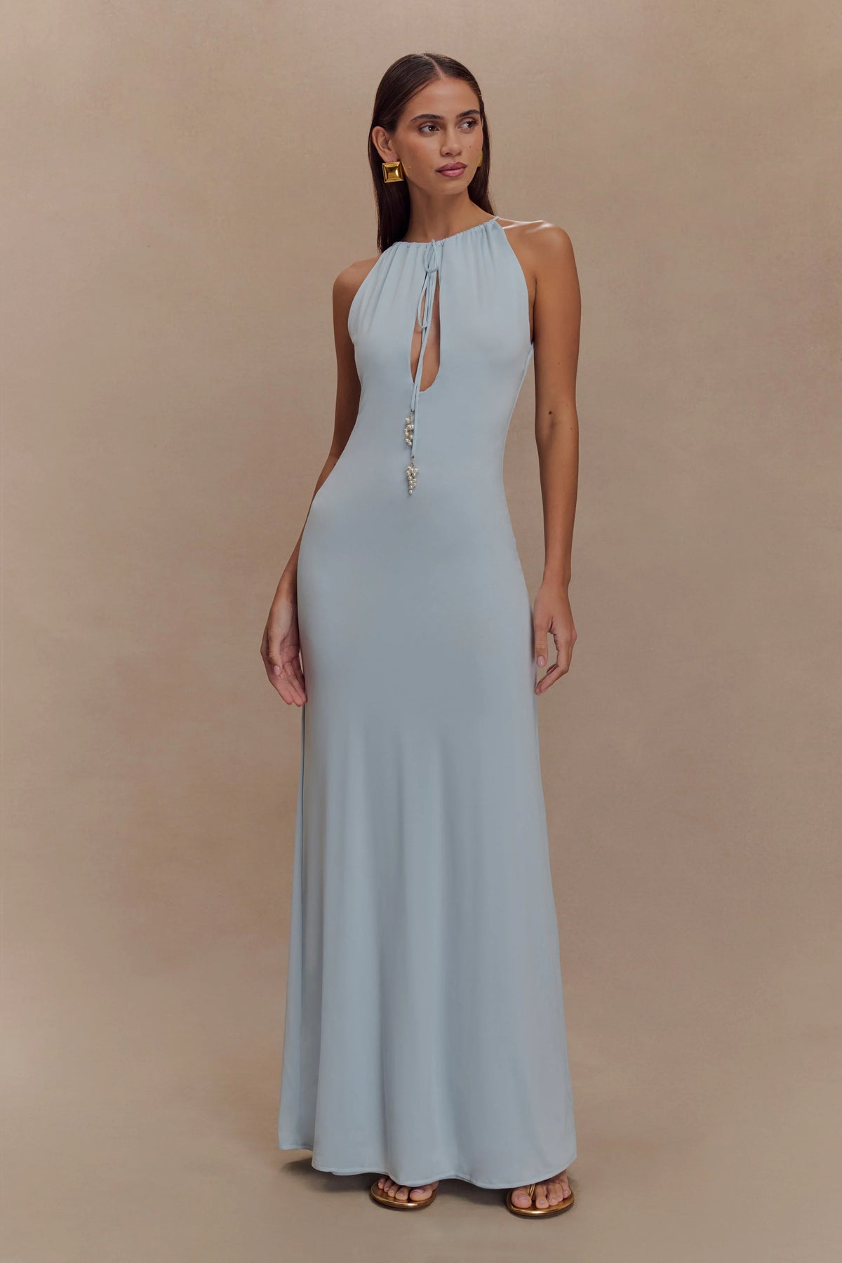 Beryl Slinky Maxi Dress With Pearls Pale Blue