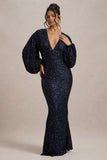 Kaelin Navy Sequin Plunge Neck Maxi Dress