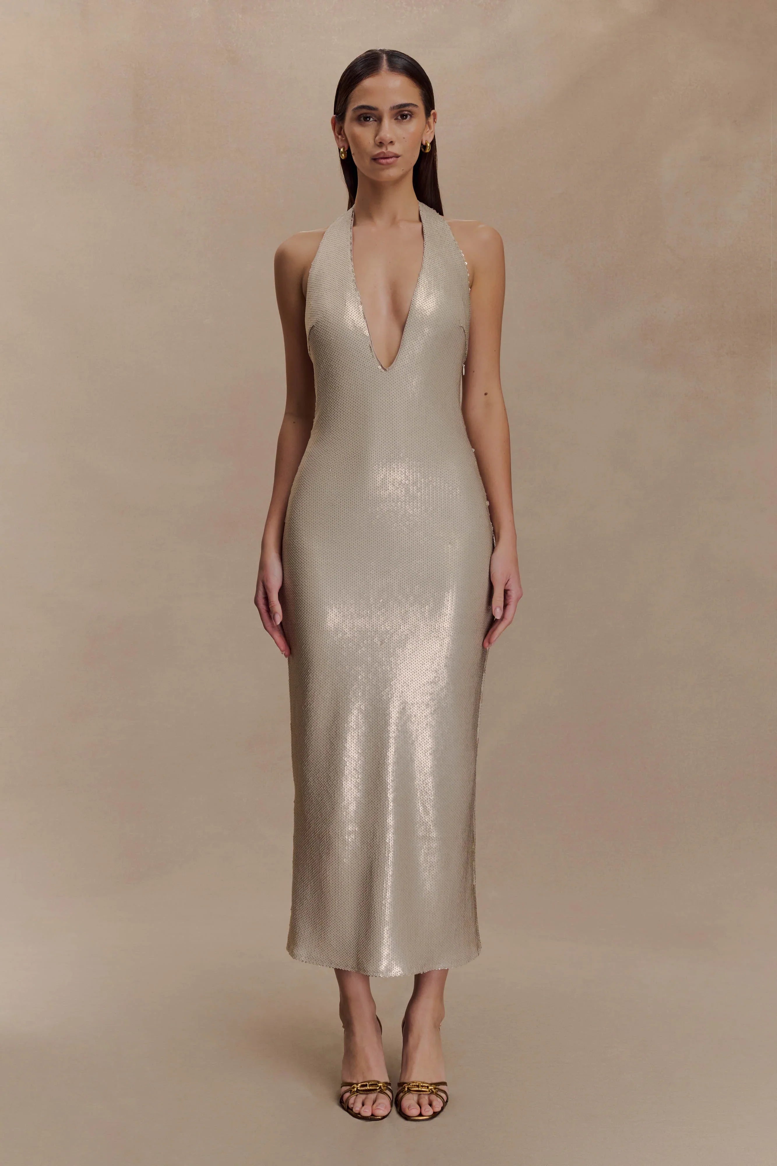 Carnation Sequin Halter Midi Dress Gold