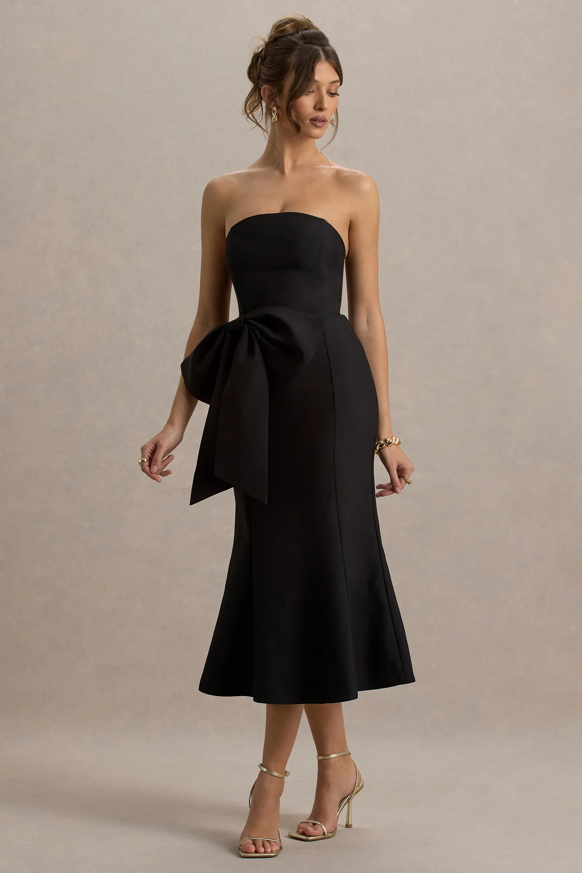 To Me Black Bandeau Midi Dress With Oversized Bow