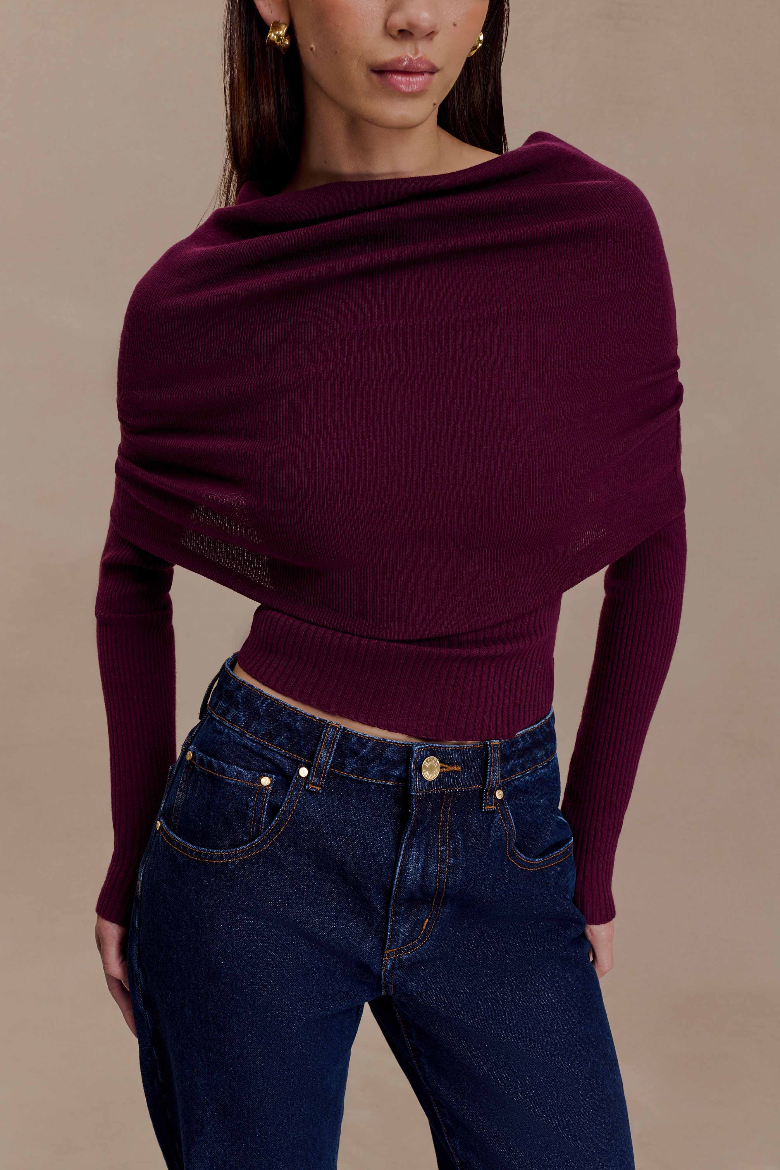 Mazie Asymetrical Cashmere Blend Long Sleeve Knit Top Plum