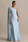 Athens Powder Blue Asymmetric Neck Maxi Dress With Cape Sleeve Detail