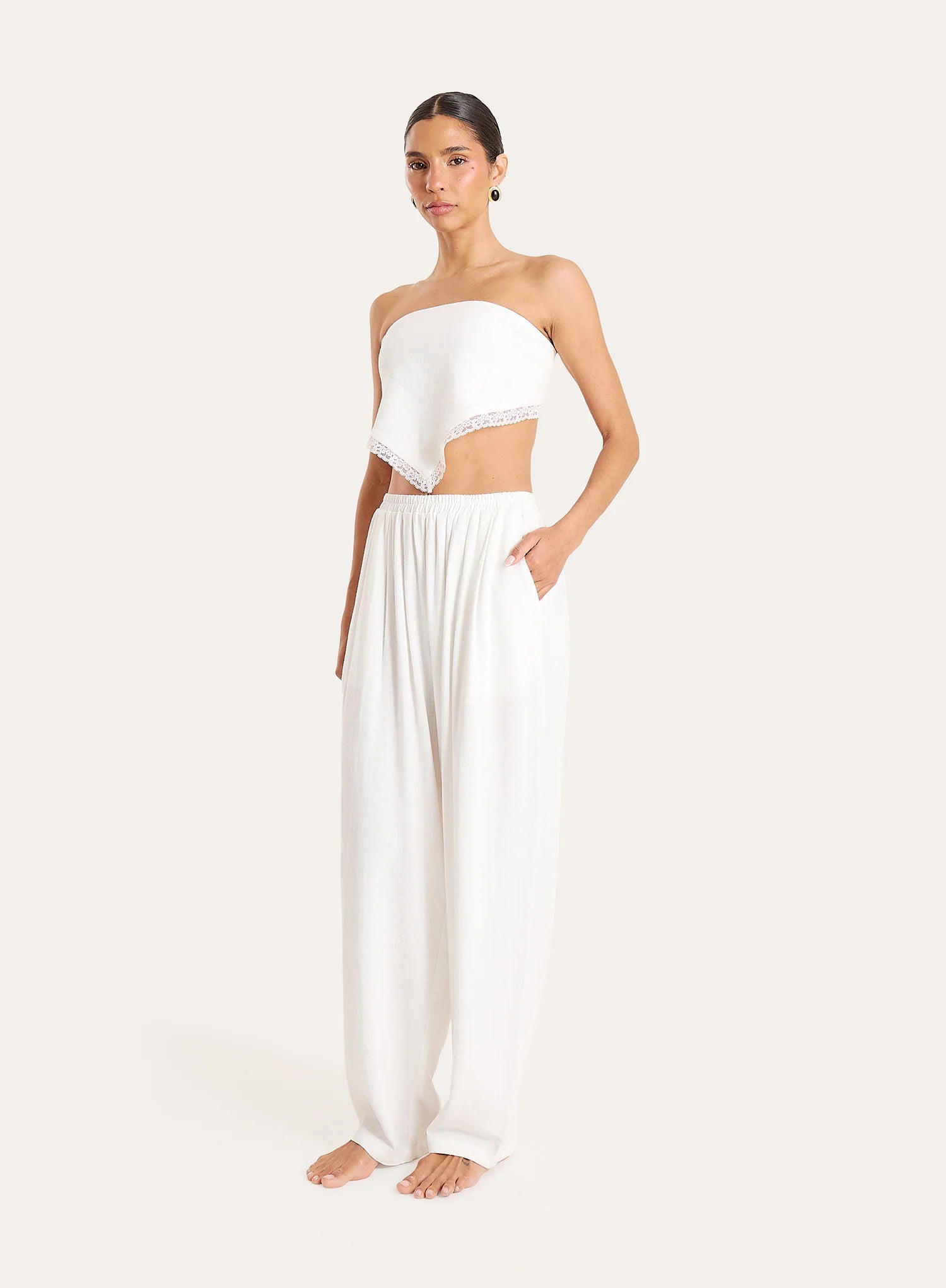 White Linen Blend Tie Back Bandeau Crop Scarf Top