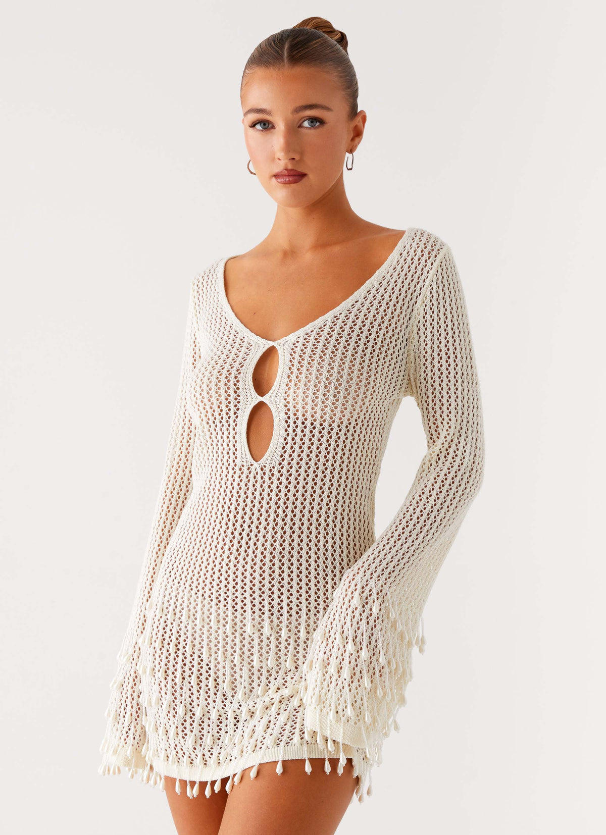 Majestic Beaded Crochet Mini Dress Ivory