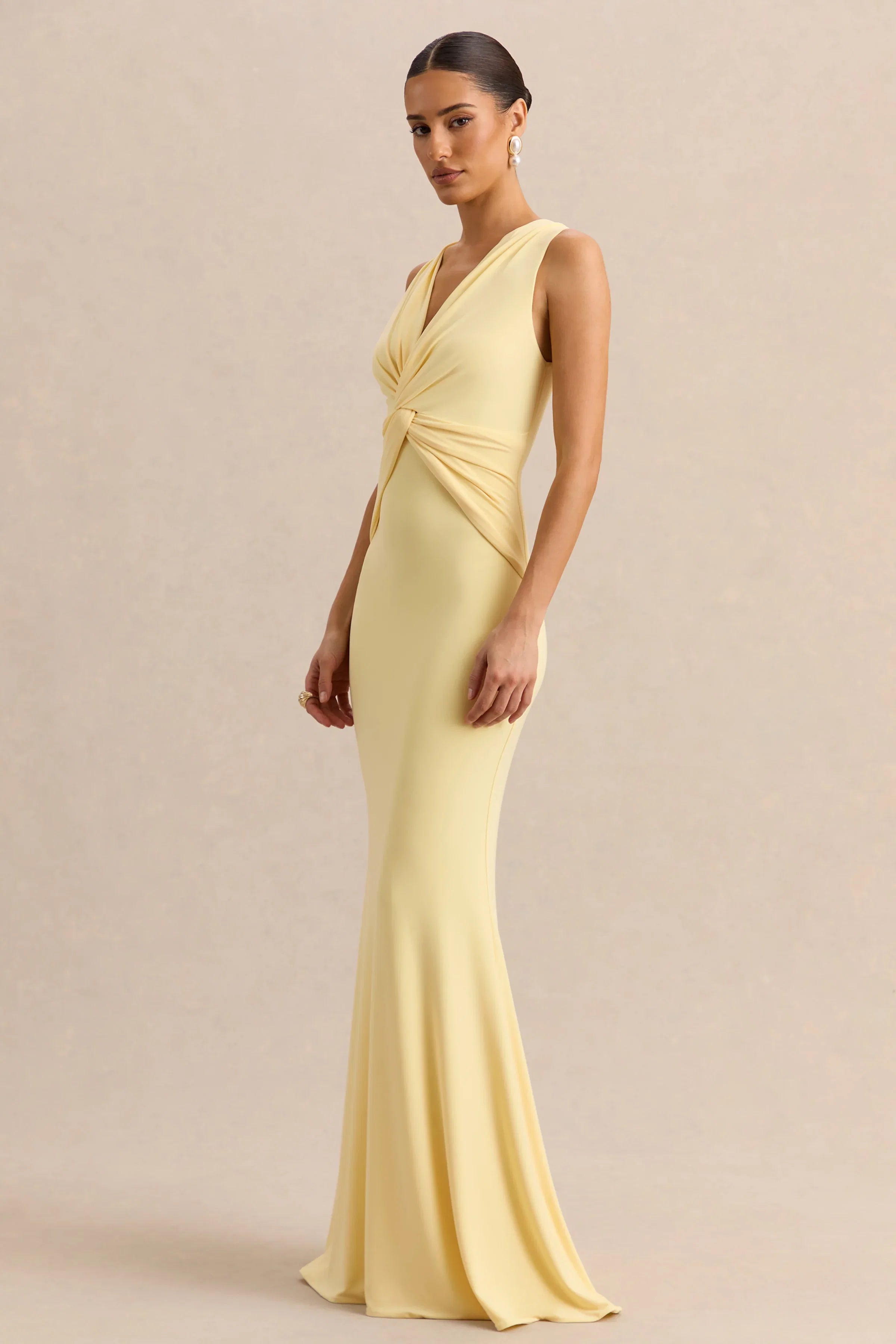 Holly Lemon Plunge Neck Maxi Dress With Twist Detail