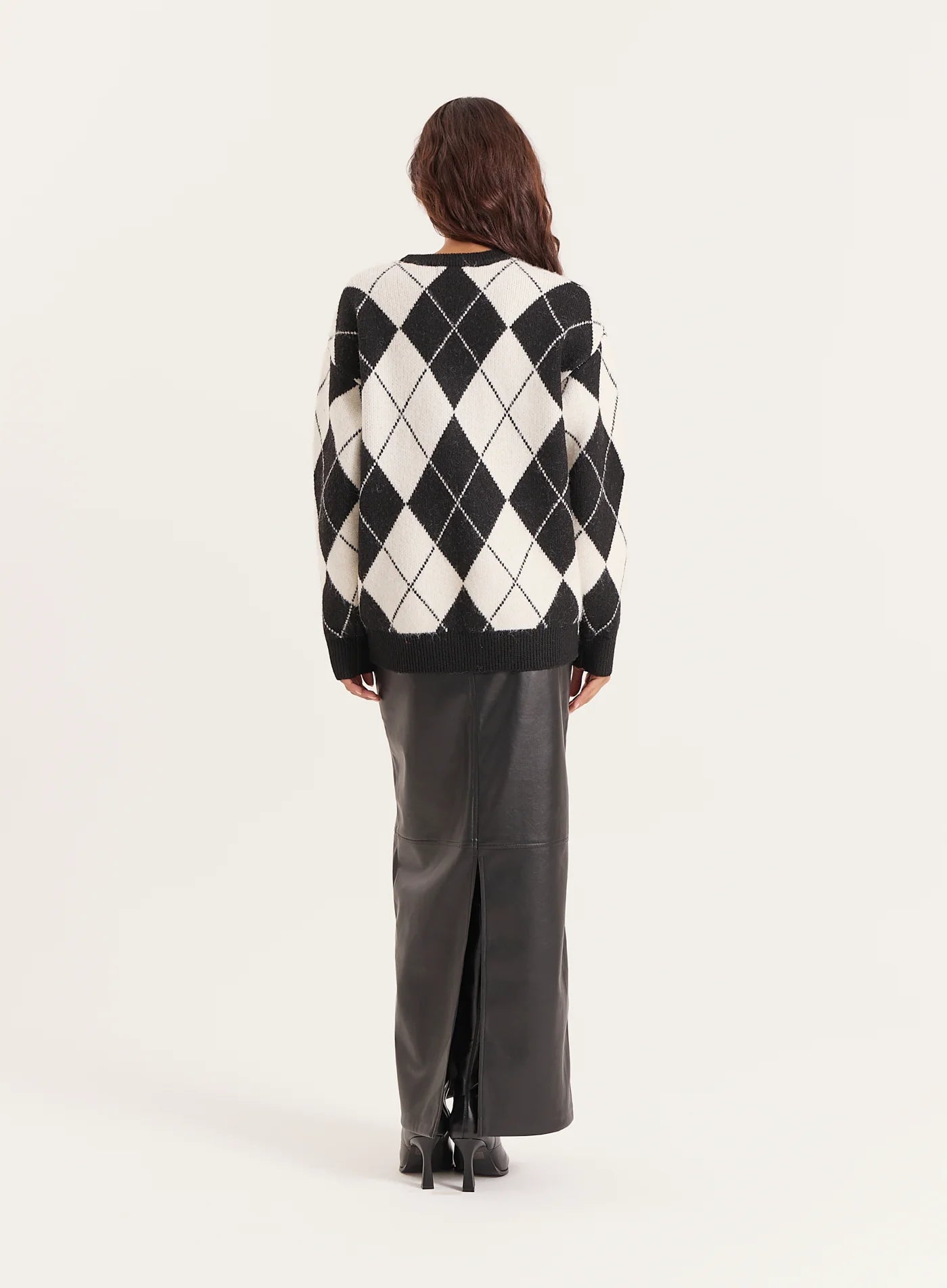 Black And Cream Knitted Argyle Crew Neck Jumper