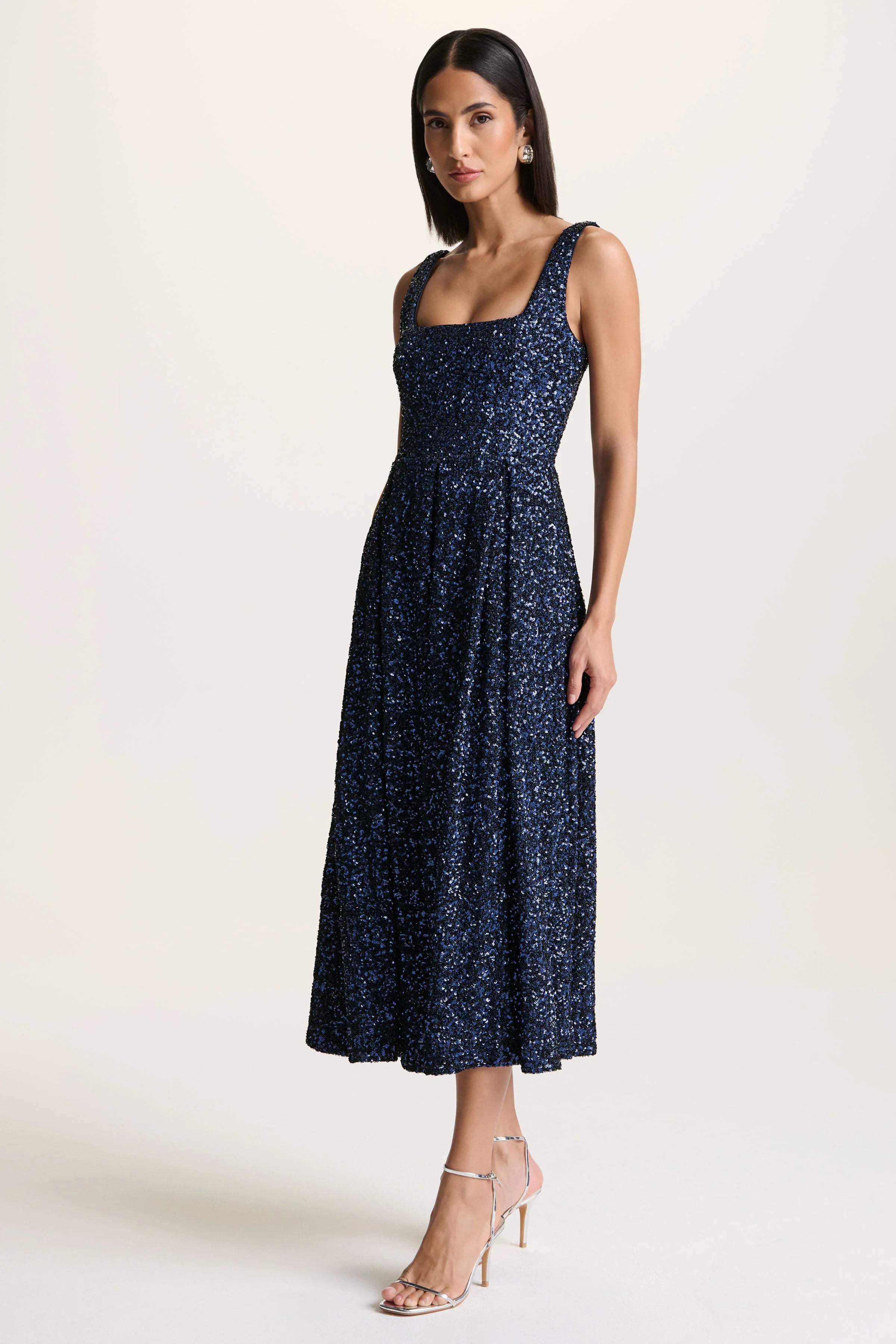 Lima Navy Sequin Square Neck A Line Midi Dress