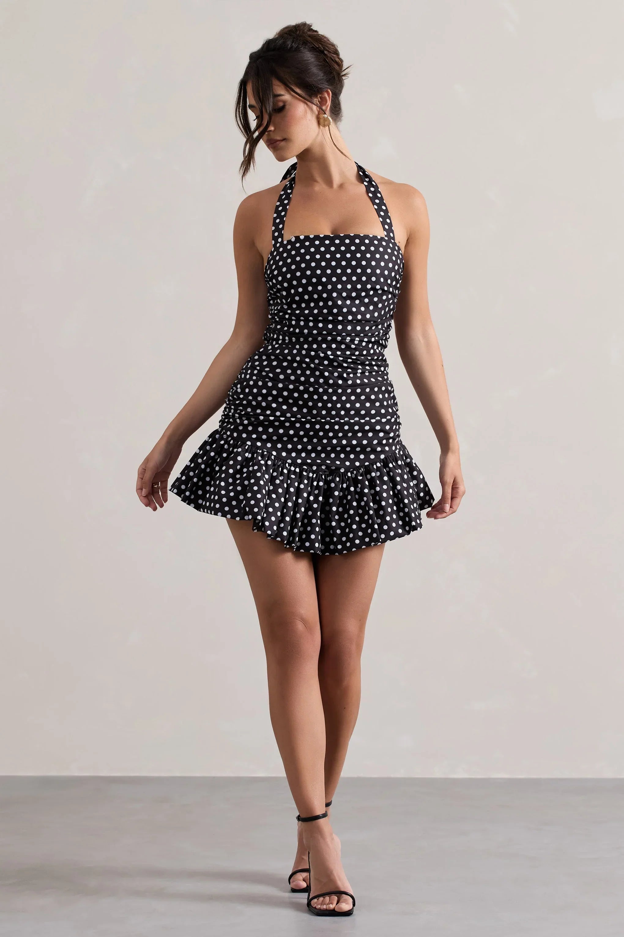 Zahra Black White Polka Dot Halter Neck Ruched Mini Dress With Ruffle Hem