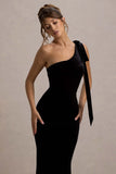 Jillian Black Velvet Asymmetric Maxi Dress With Bow Strap