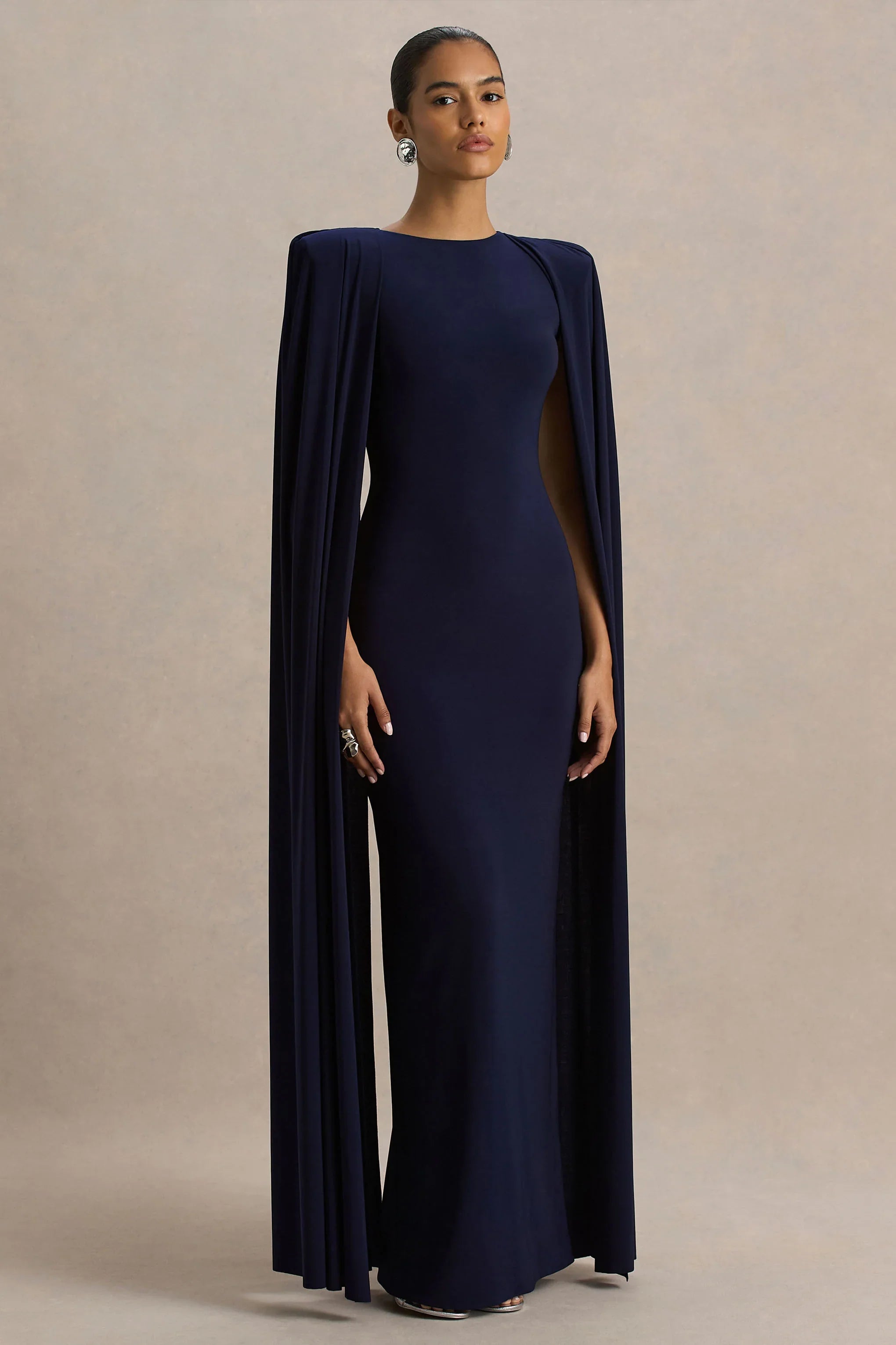 Mimi Navy High Neck Maxi Dress With Cape Sleeve Detail