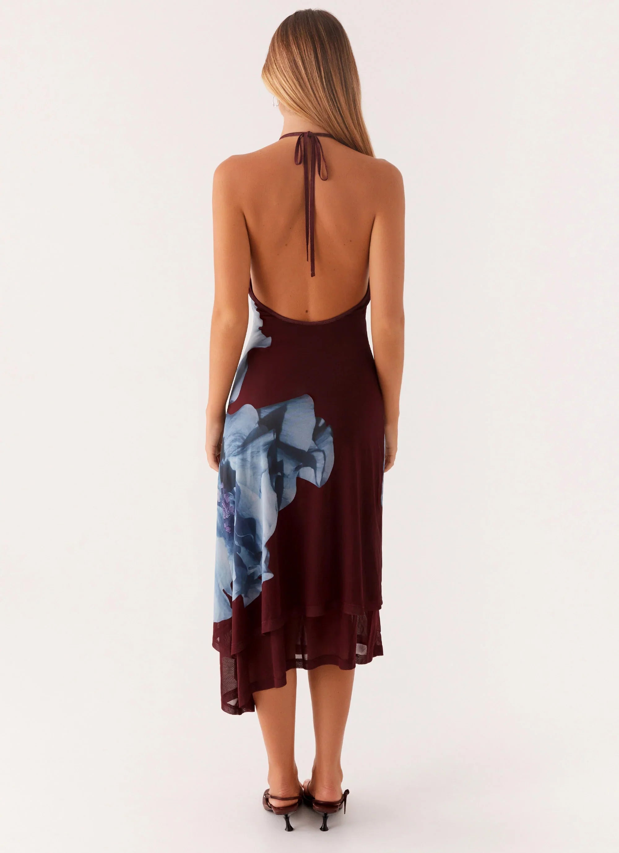 Brinley Halterneck Midi Dress Maroon Print