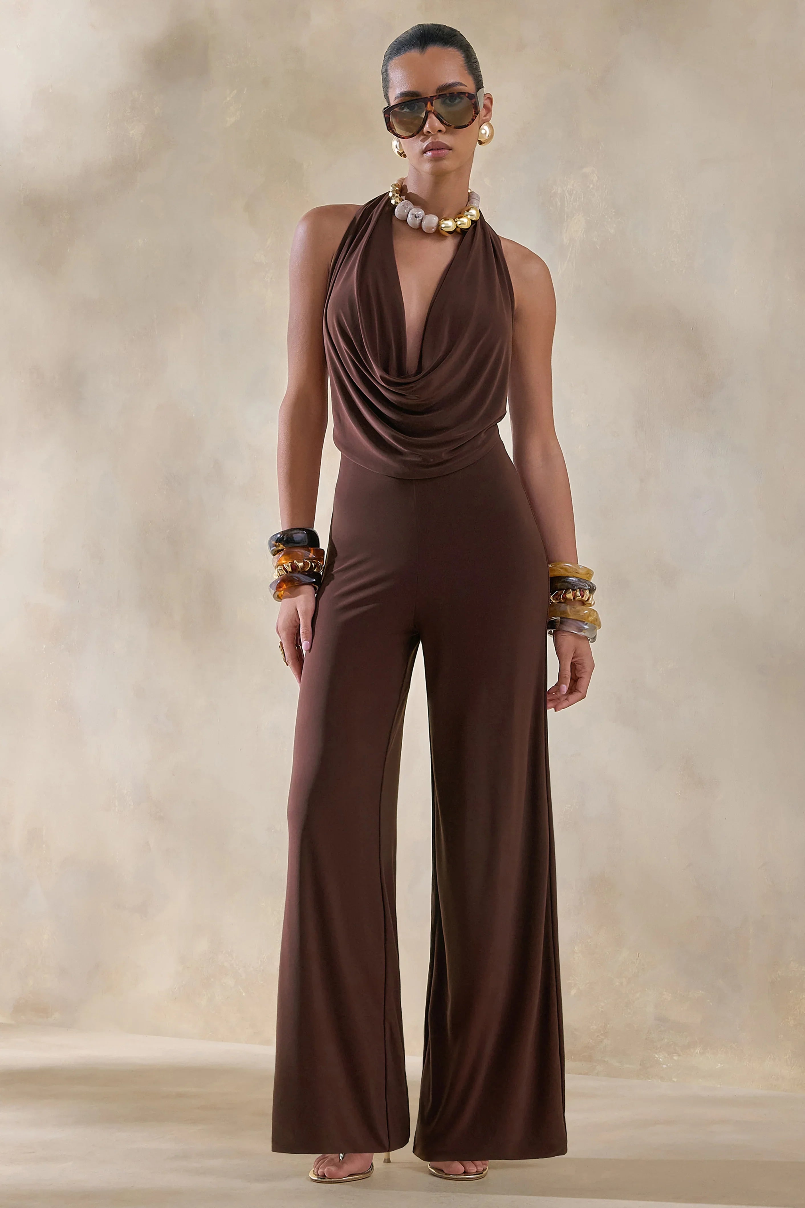 Clemence Brown Plunge Neck Jumpsuit