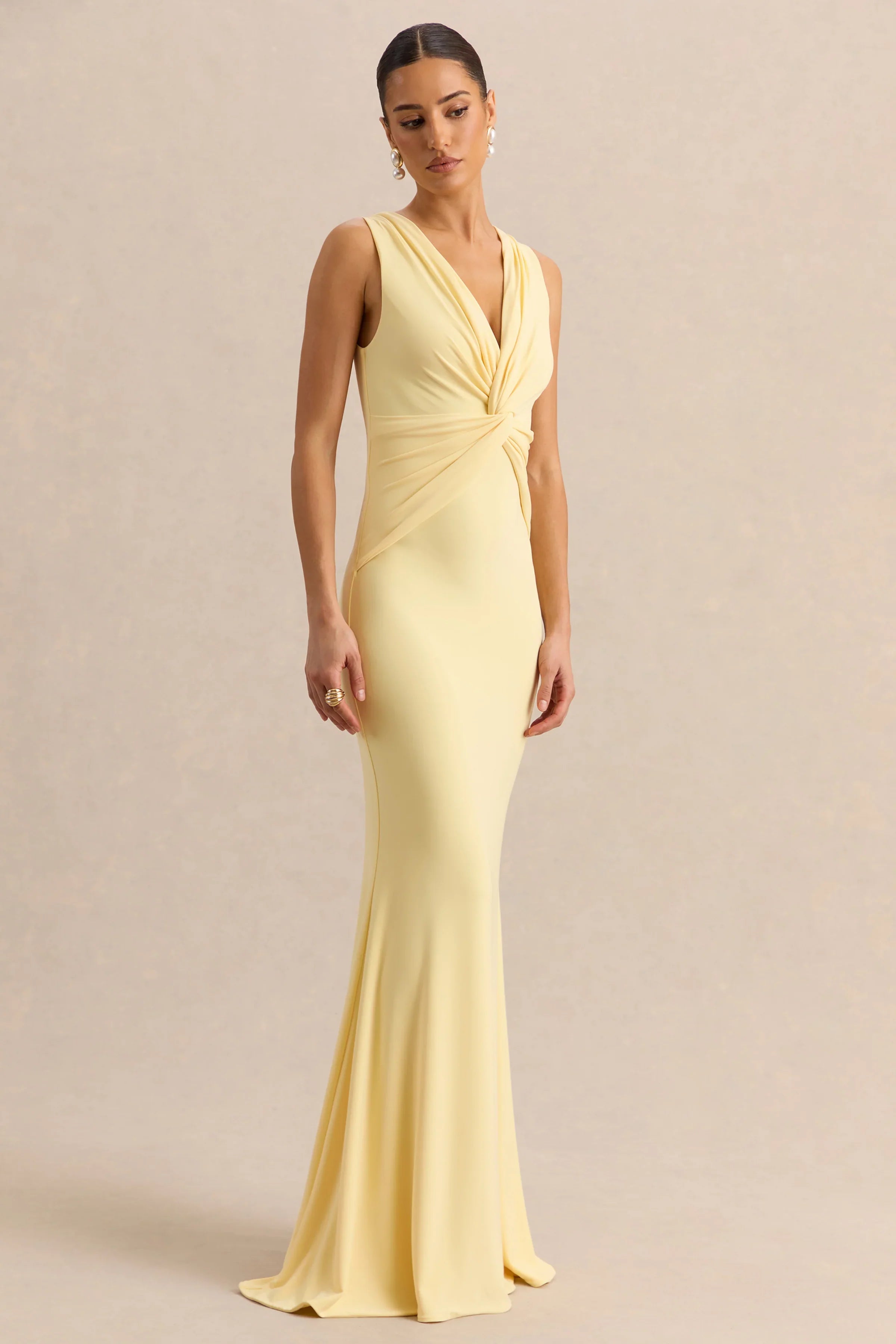 Holly Lemon Plunge Neck Maxi Dress With Twist Detail