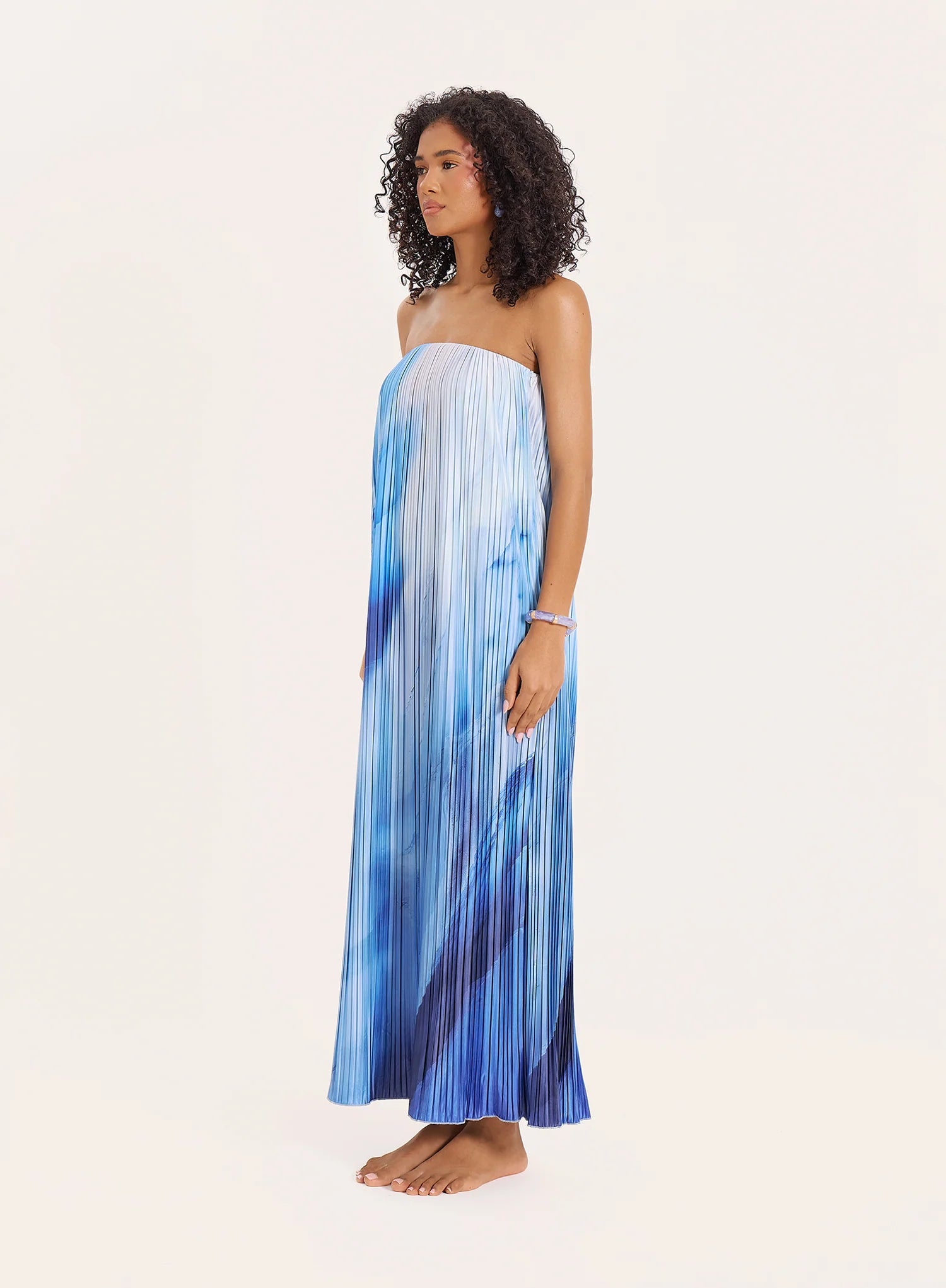 Blue Ombre Print Plisse Bandeau Maxi Dress