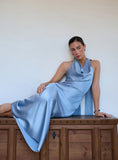 Light Blue Satin Cowl Neck Maxi Dress