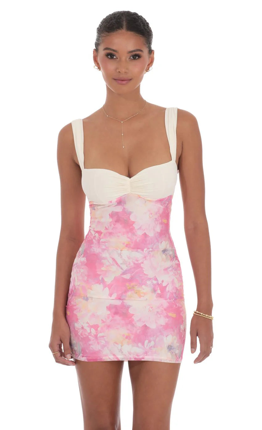 Two Tone Floral Mesh Bodycon Dress in Pink