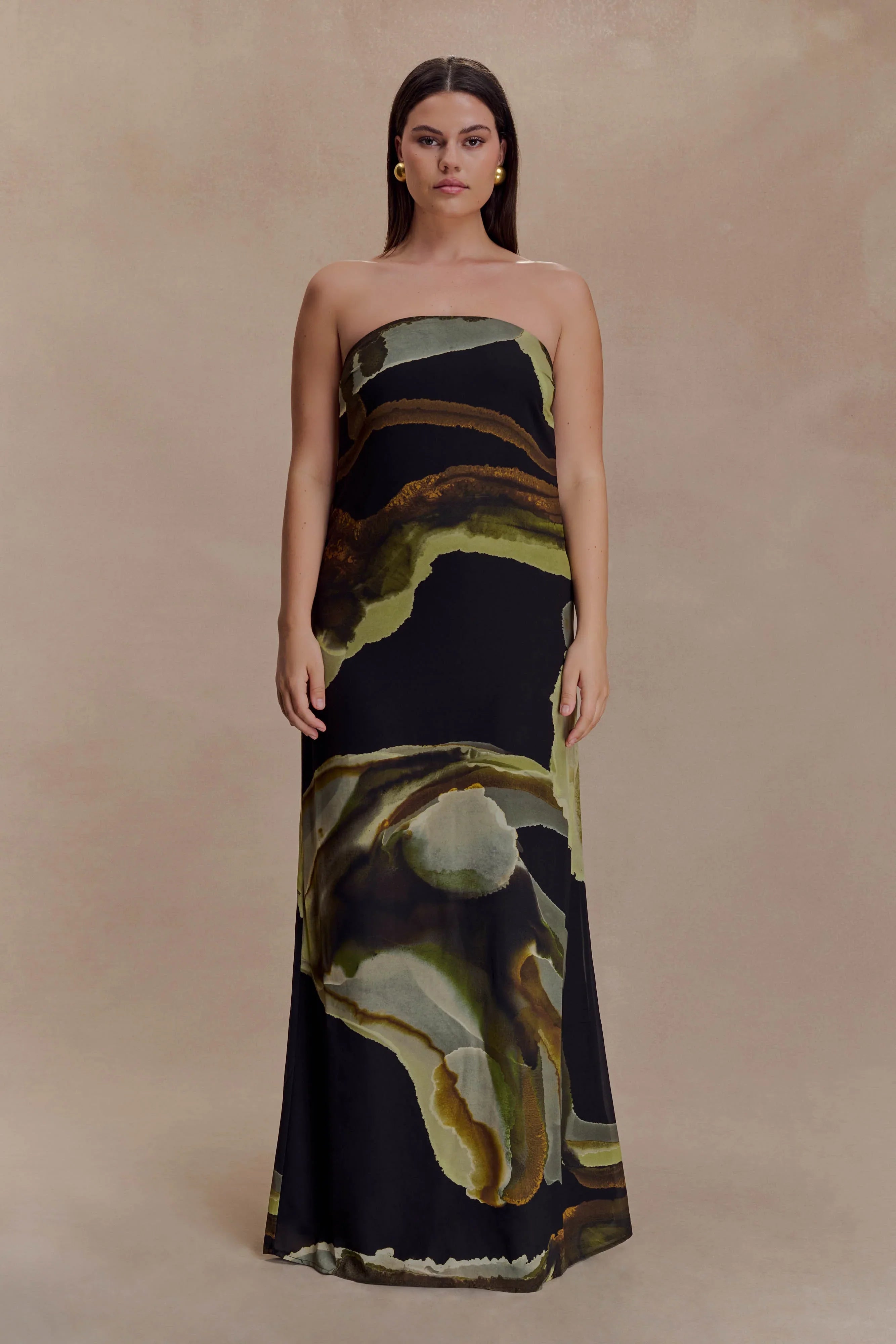 Amaya Strapless Chiffon Maxi Dress Green Fluid Reverie Print