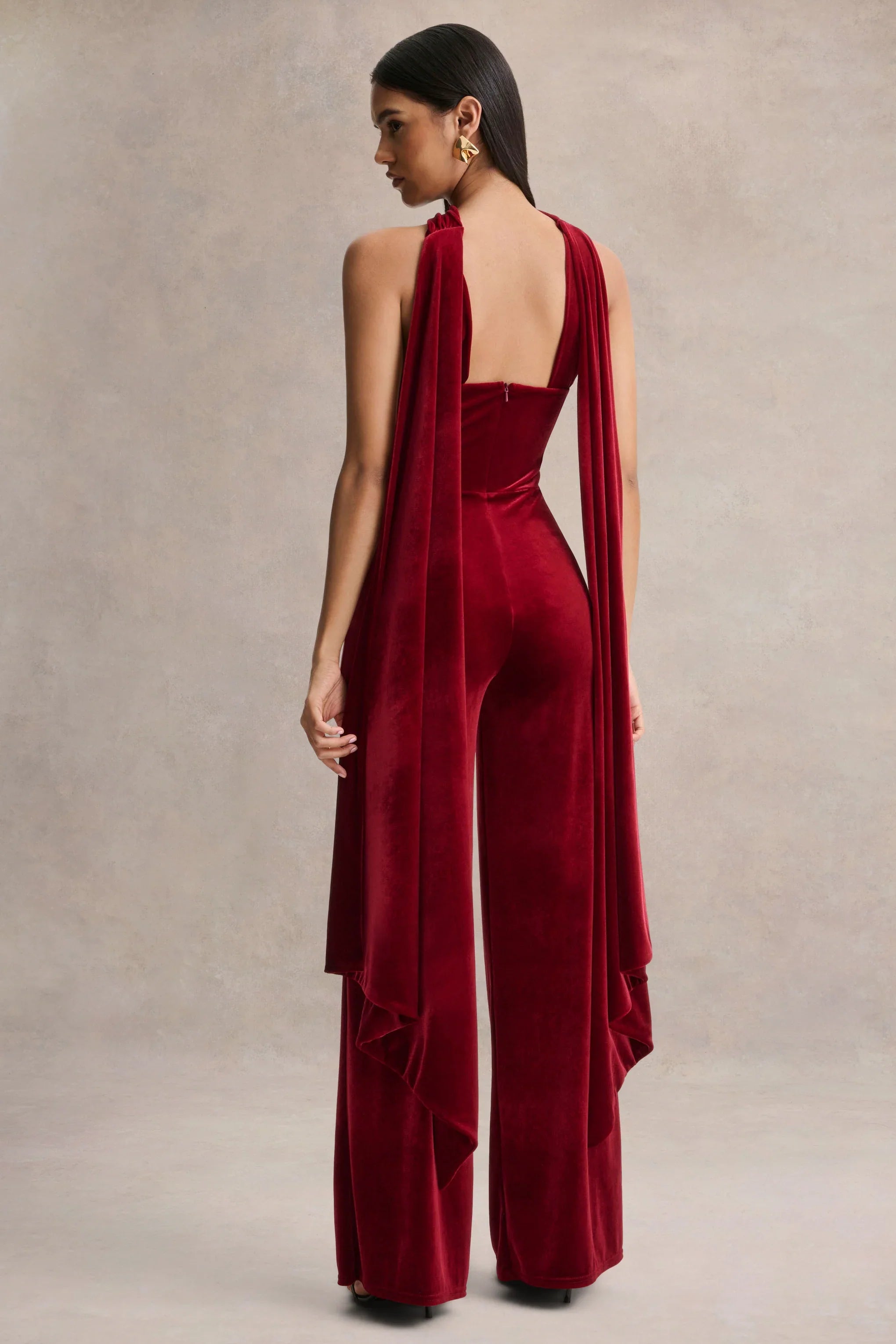 Arcane Burgundy Velvet Bandeau Jumpsuit With Scarf