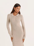 Beige Collared Knit Maxi Dress