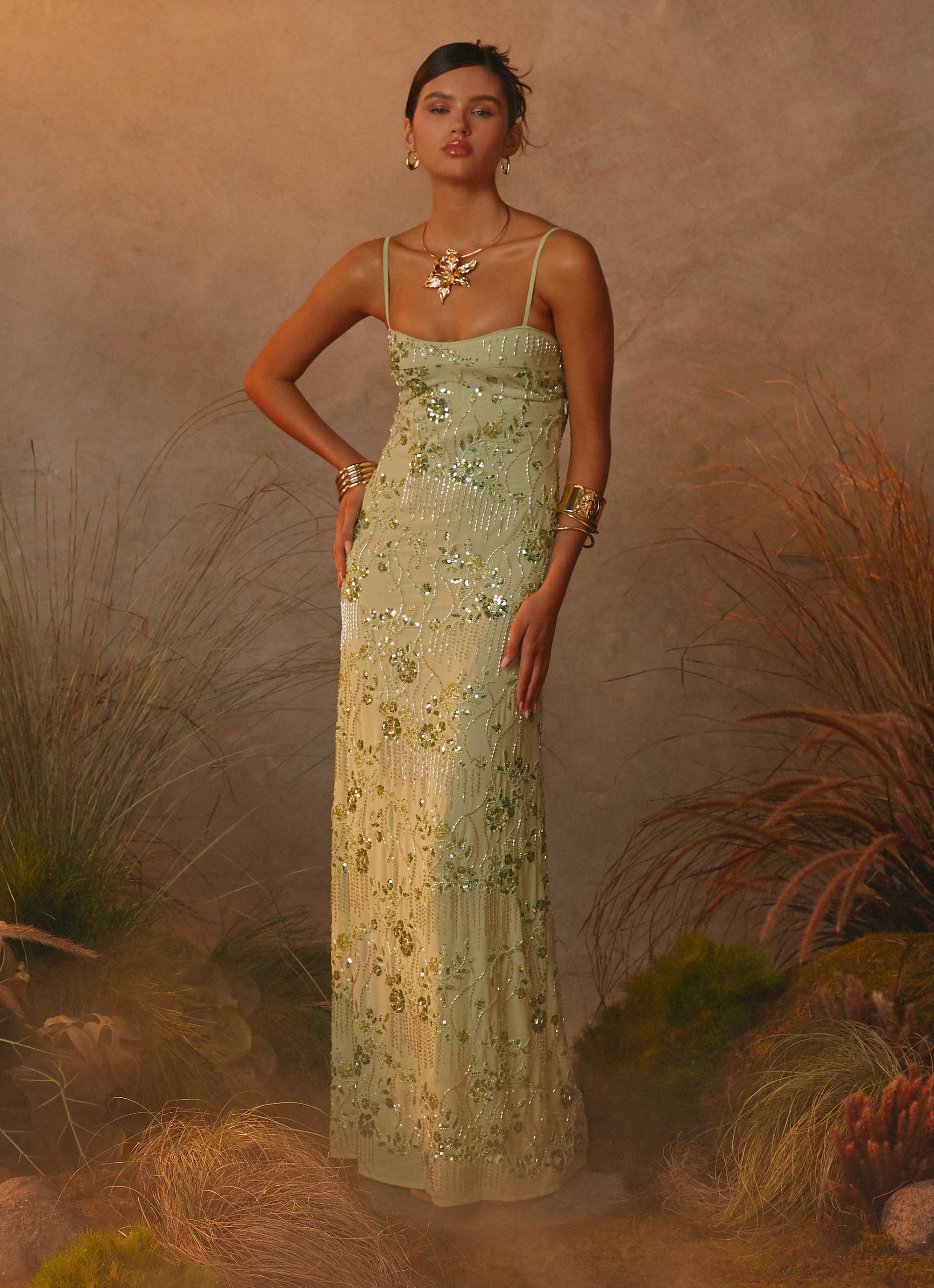 Celandine Beaded Maxi Dress Lime