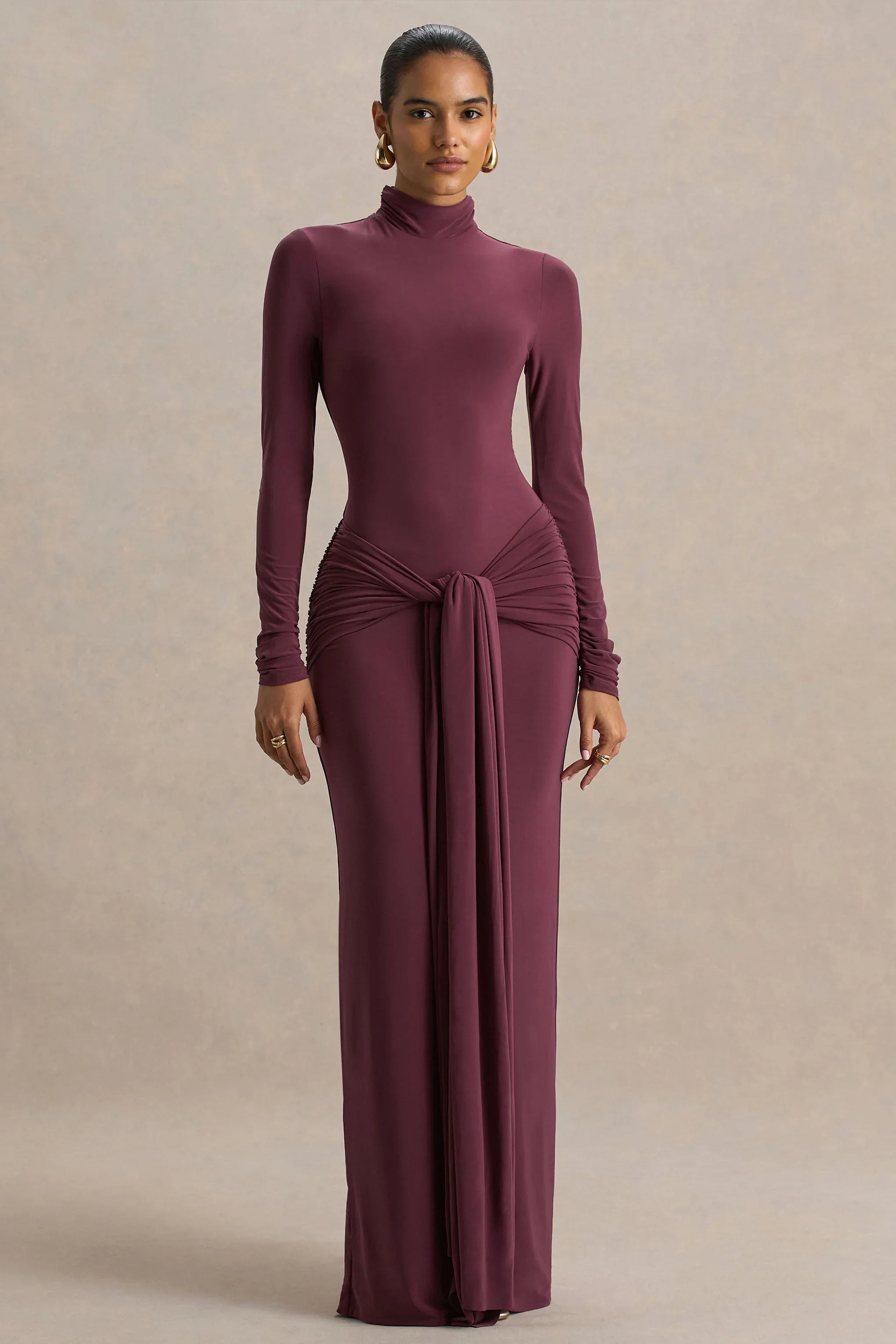 Myra Burgundy High Neck Maxi Dress With Sash and Ruched Detailing