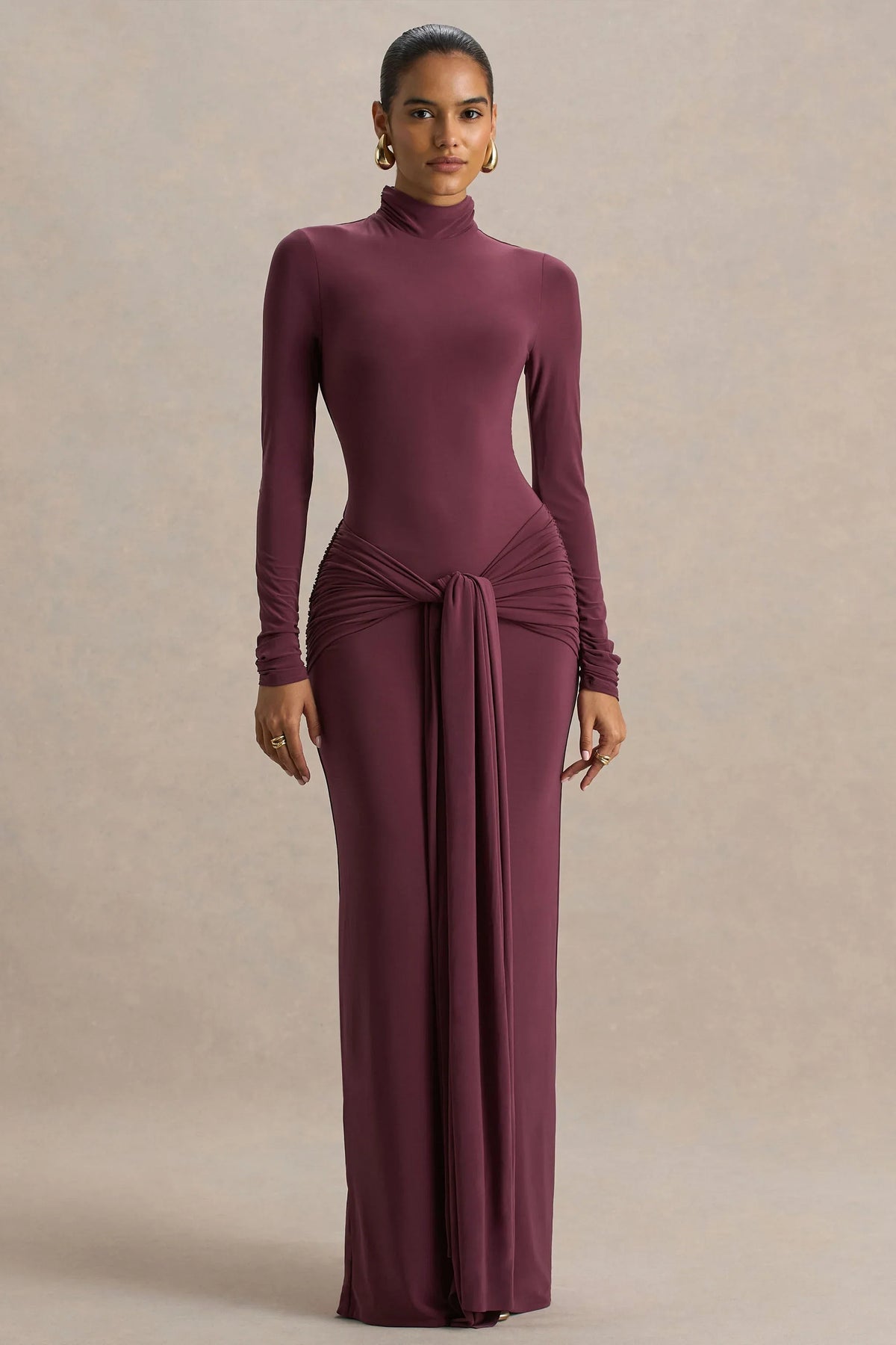 Myra Burgundy High Neck Maxi Dress With Sash and Ruched Detailing