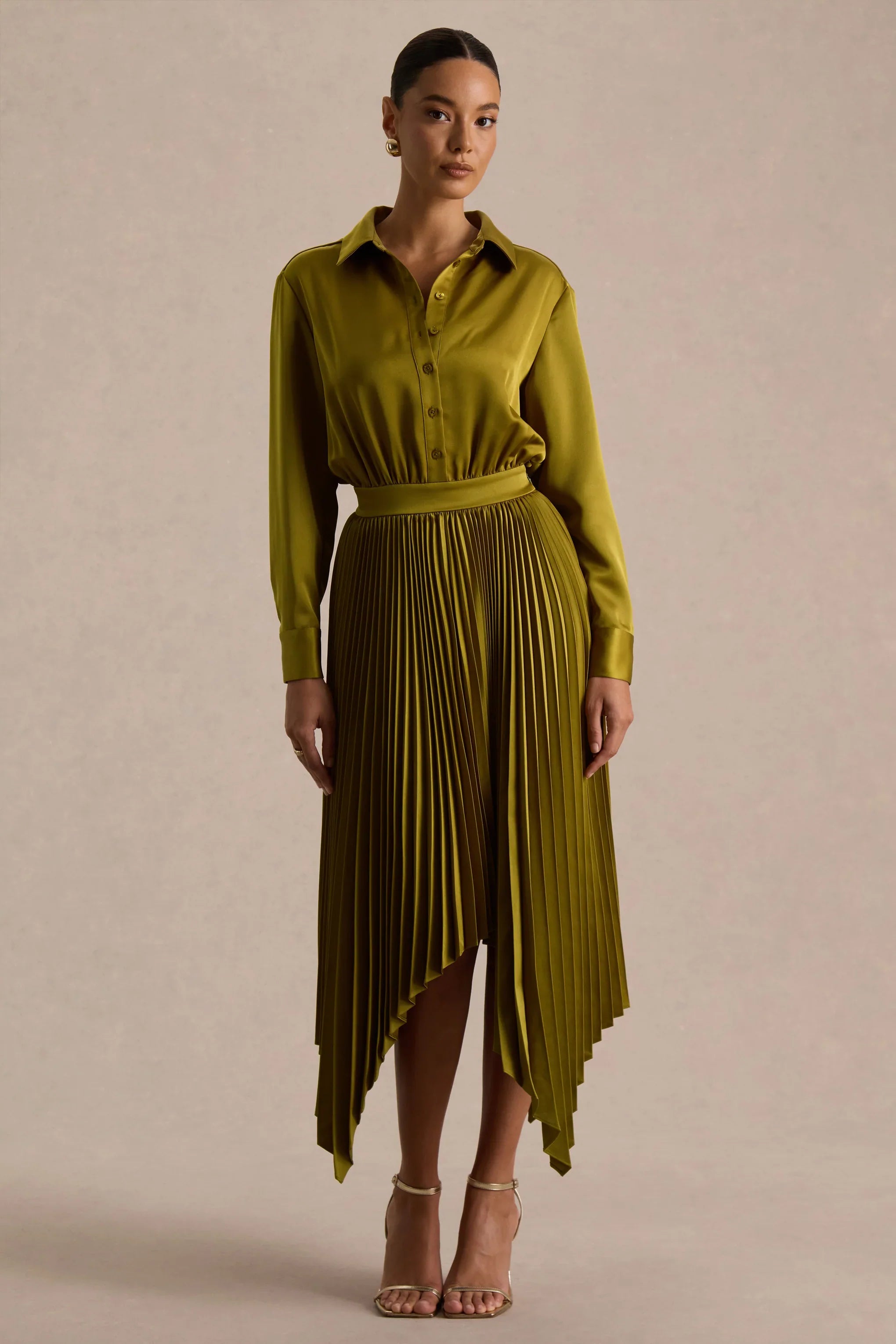 Naxos Olive Satin Shirt Maxi Dress With Pleated Skirt
