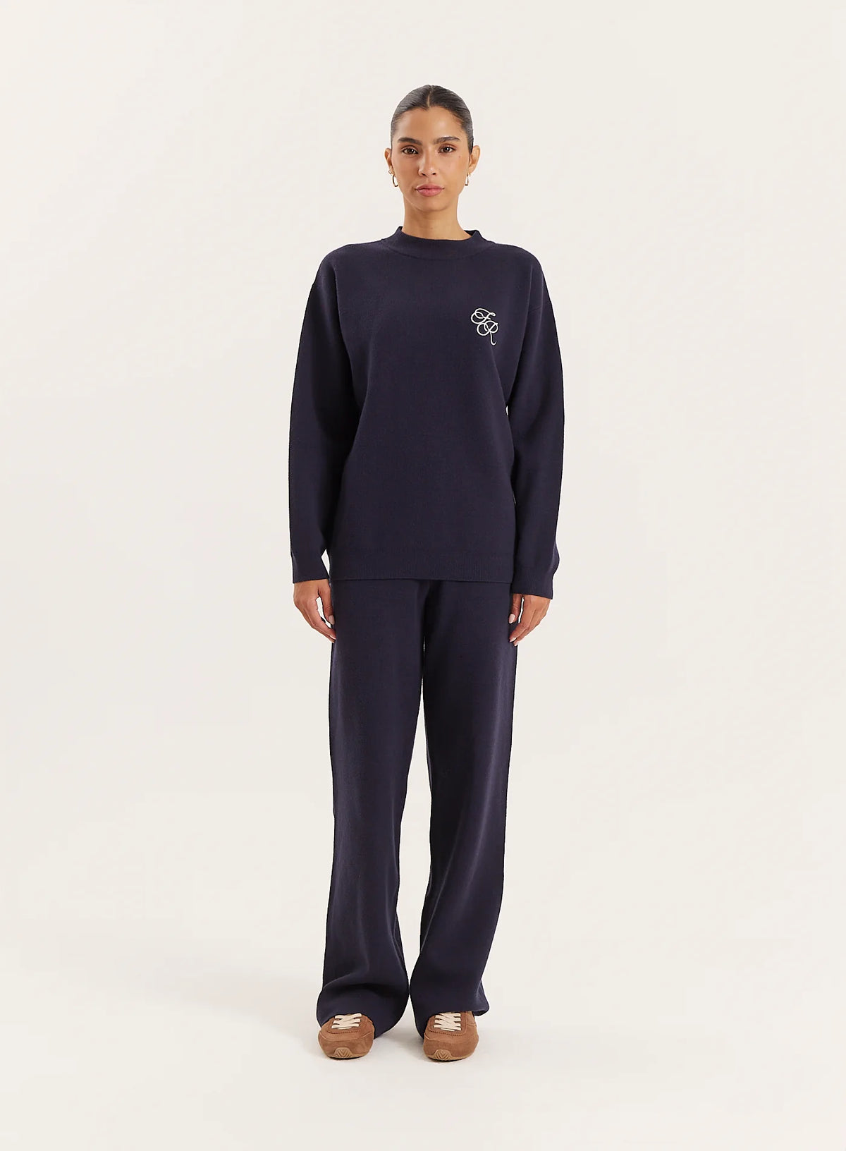 Navy Knitted Straight Leg Trousers
