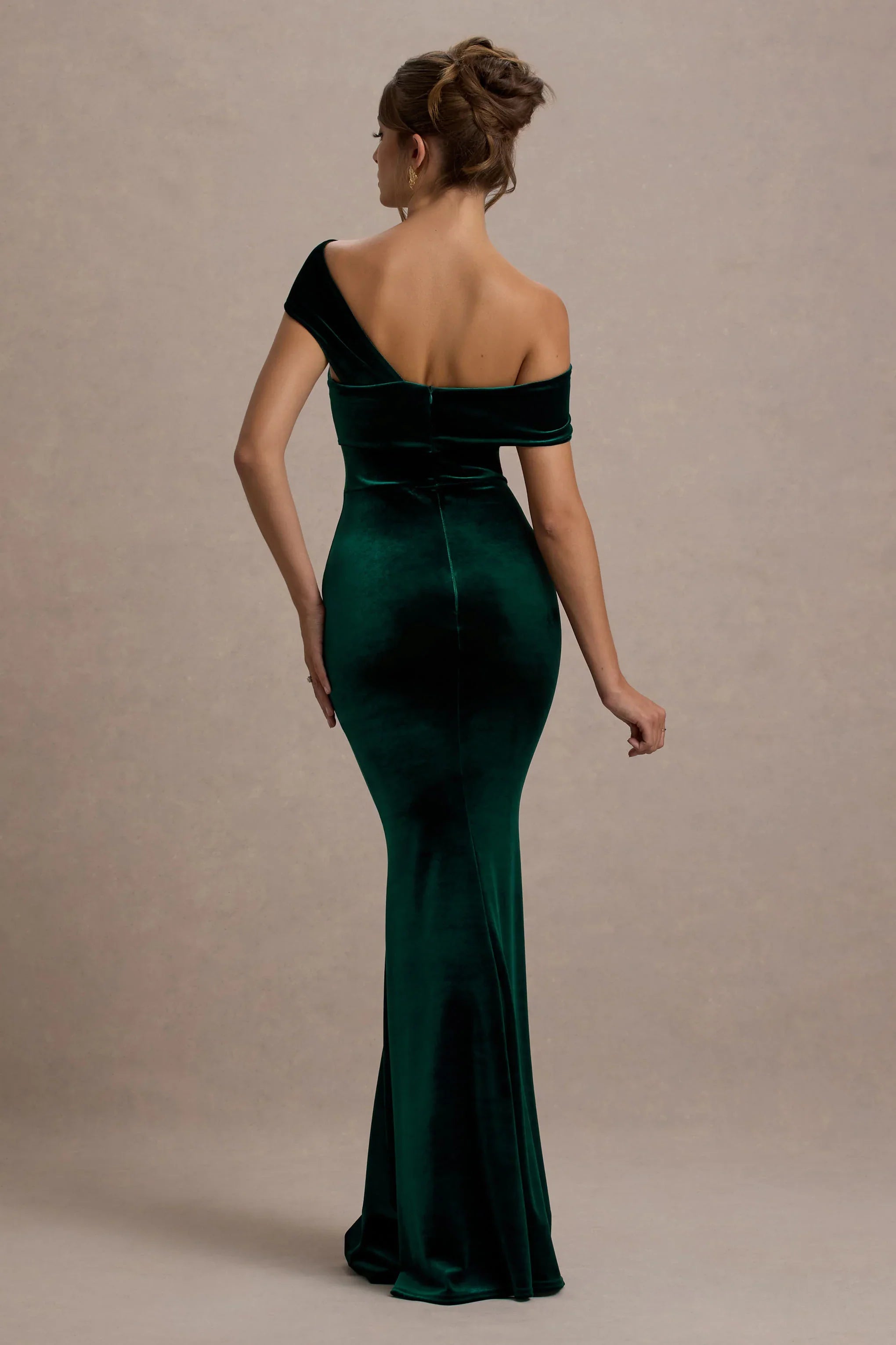 Candela Bottle Green Velvet Asymmetric Bardot Maxi Dress