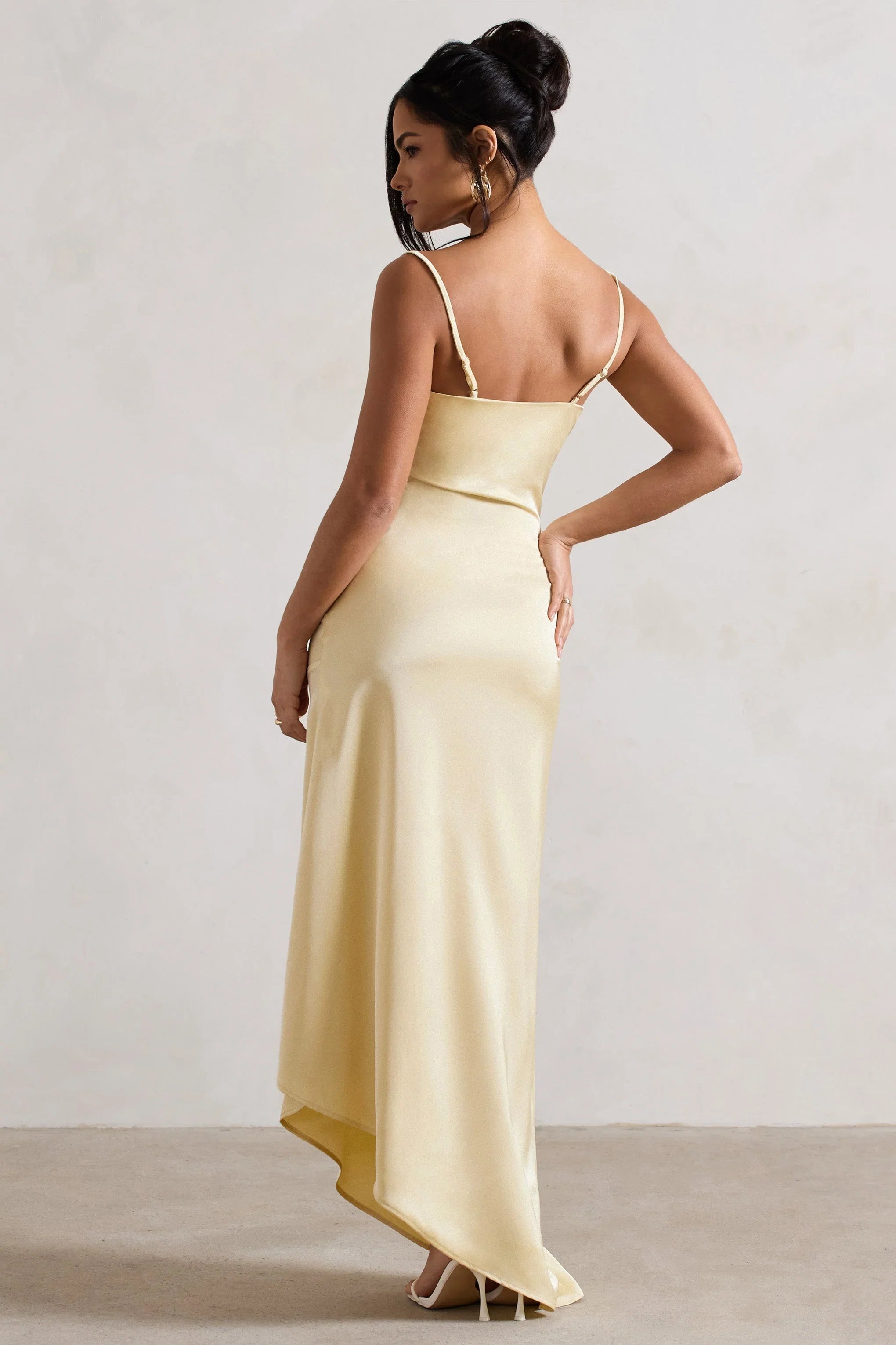 Santi Lemon Satin Cowl Neck Asymmetric Maxi Dress
