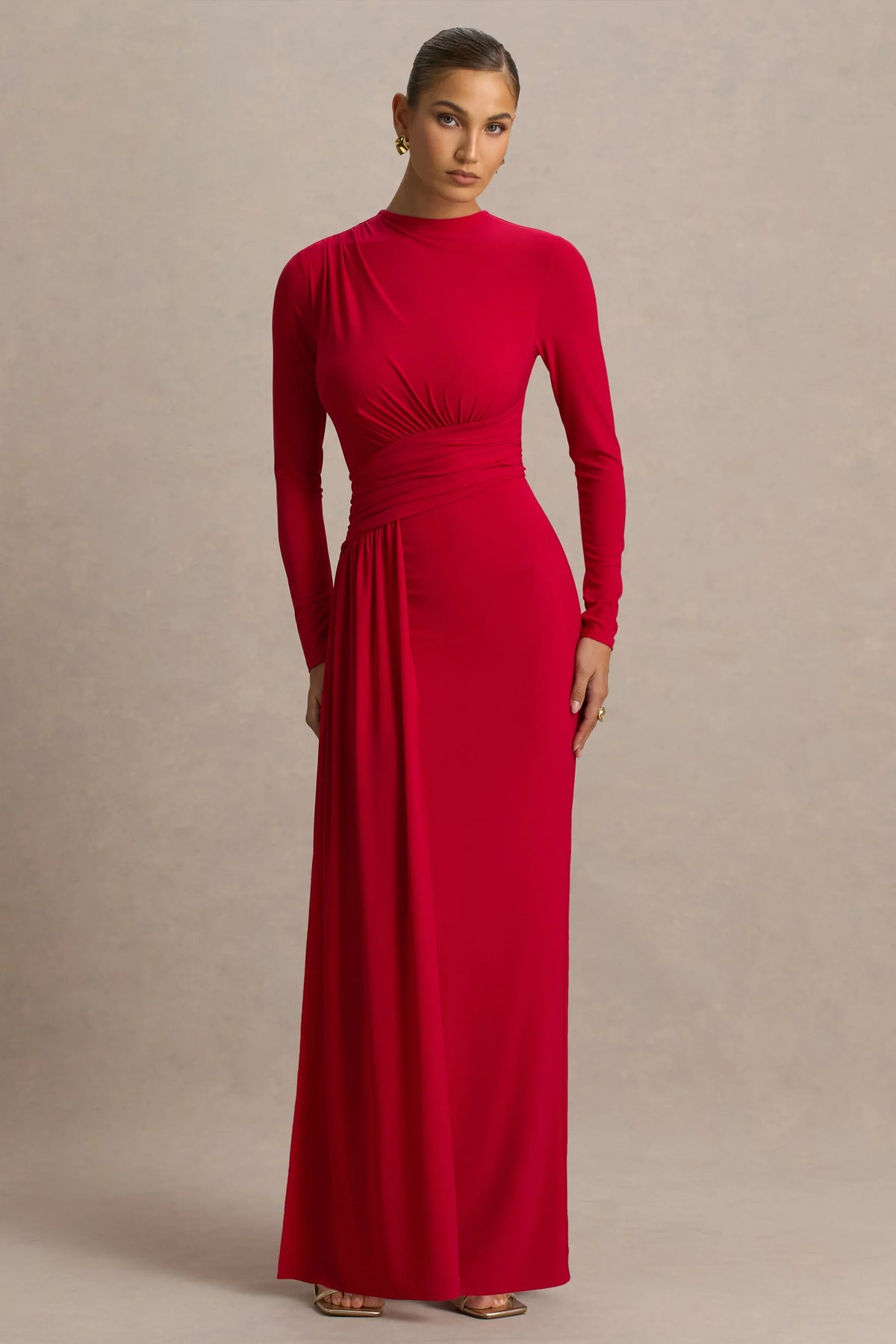 Virelle Red Boat Neck Maxi Dress With Wrap Detail And Sash