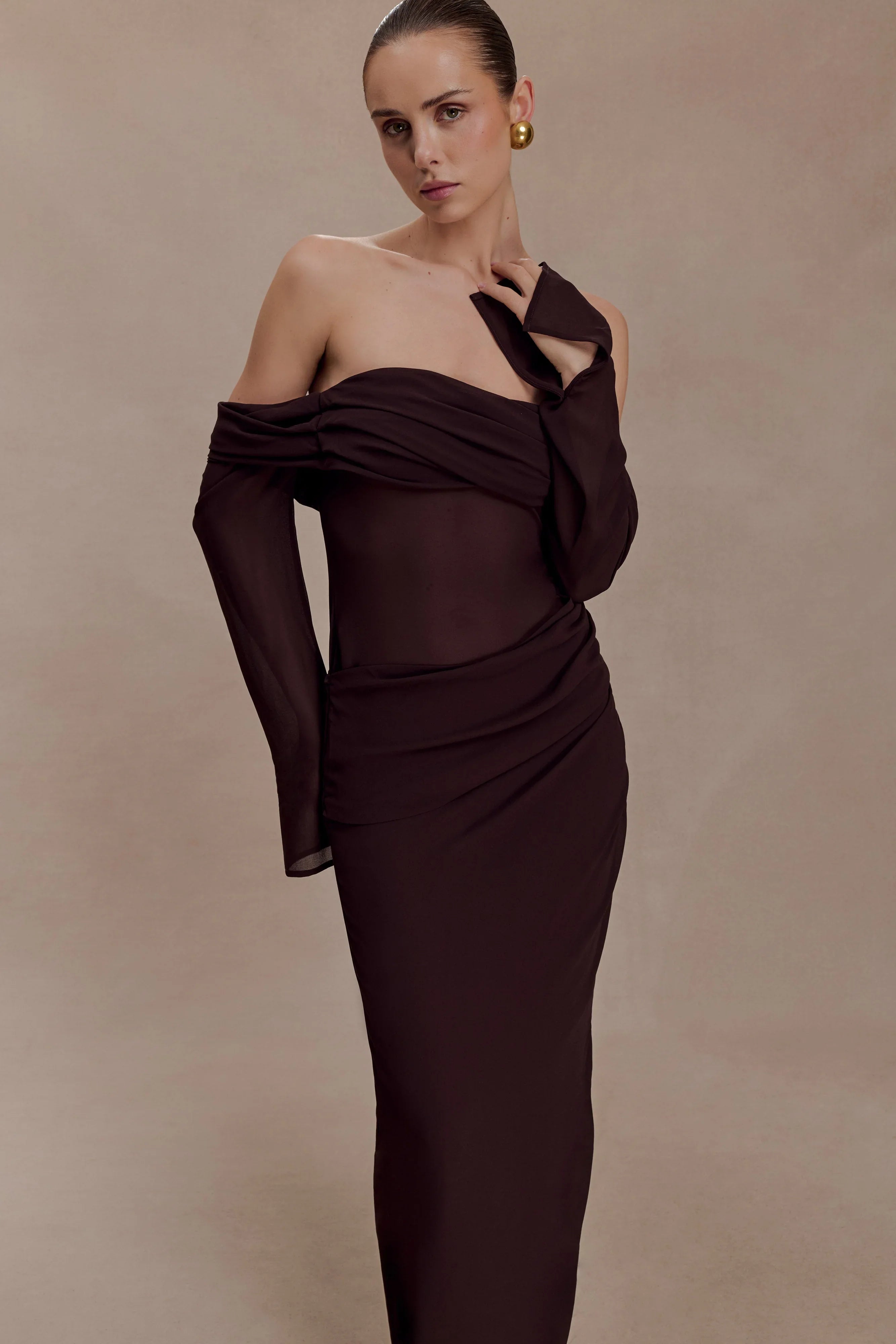 Kirsten Off Shoulder Chiffon Maxi Dress Cacao Brown