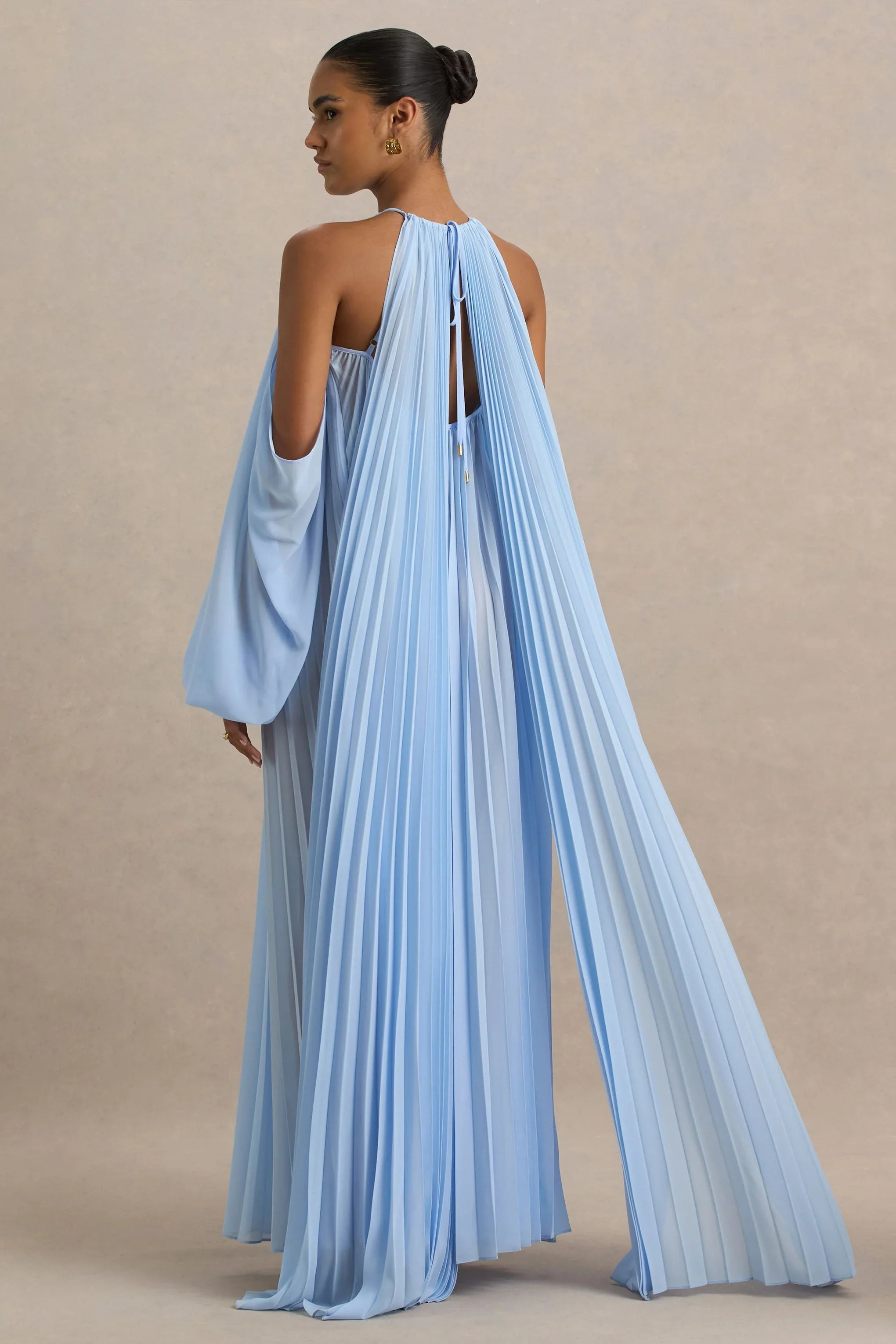 Reyna Powder Blue Pleated Chiffon Cold Shoulder Maxi Dress