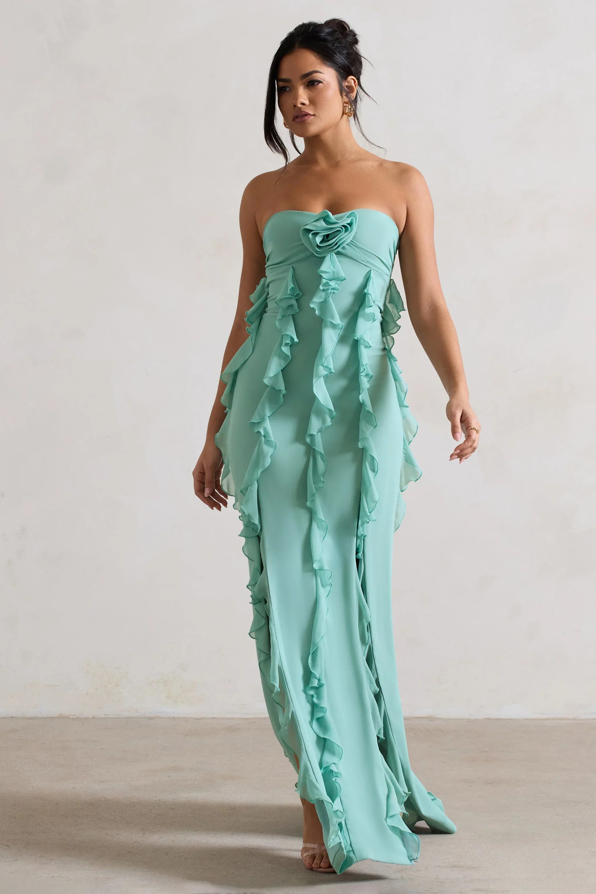 Gardenia Mint Green Strapless Ruffle Maxi Dress With Corsage