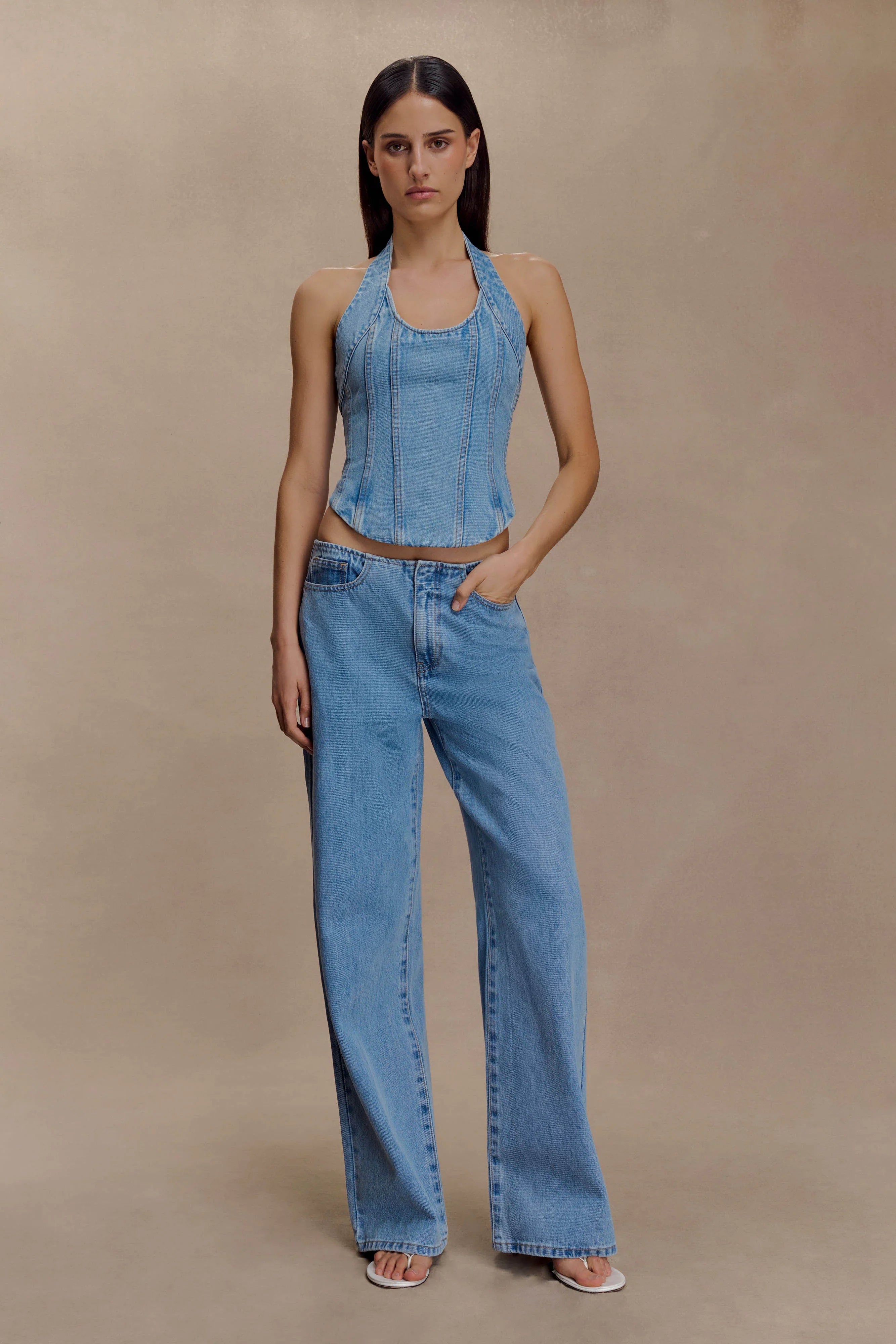 Meadow Denim Corset Halter Top Classic Blue