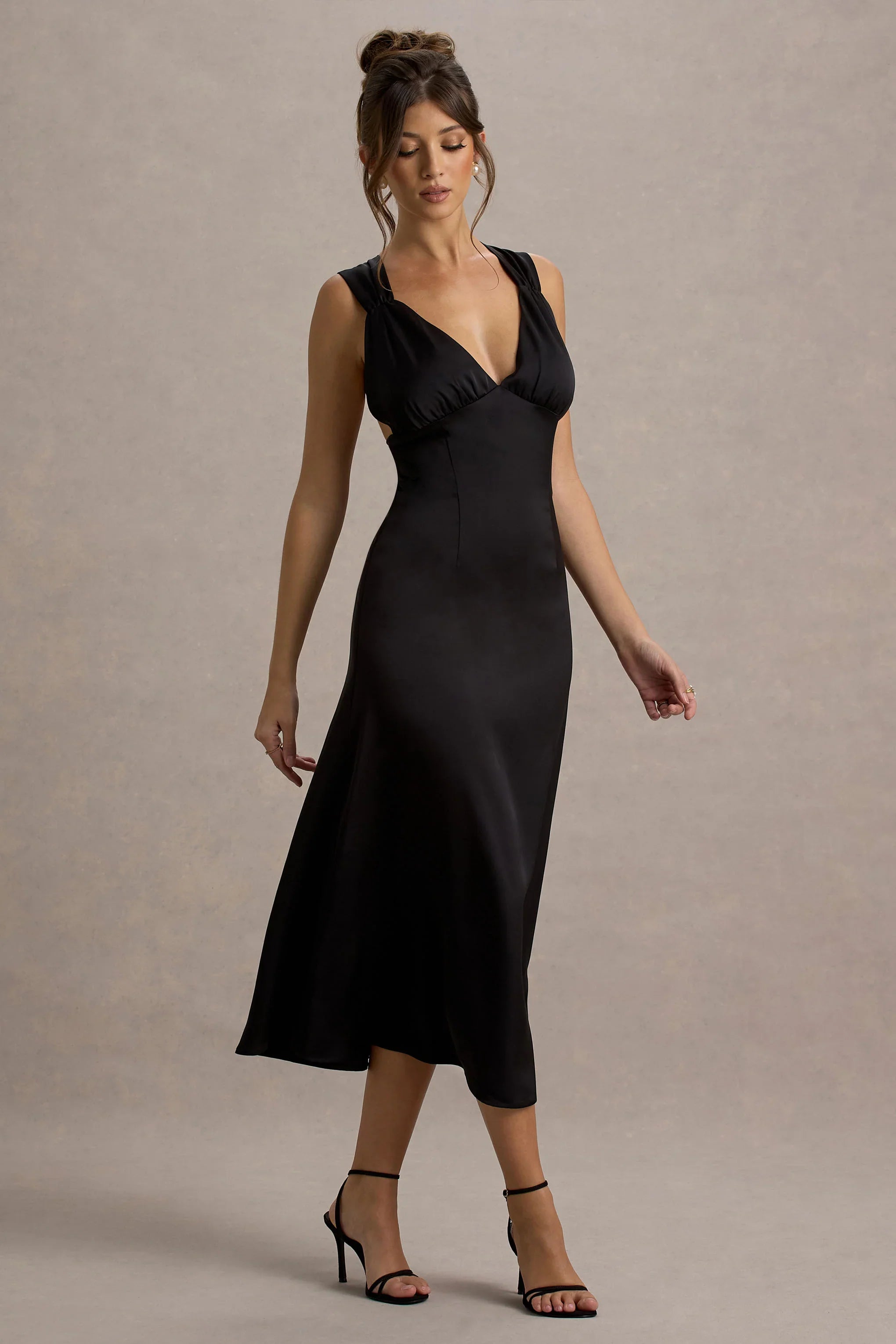 Beck Black Satin Plunge Neck Cross Back Midi Dress