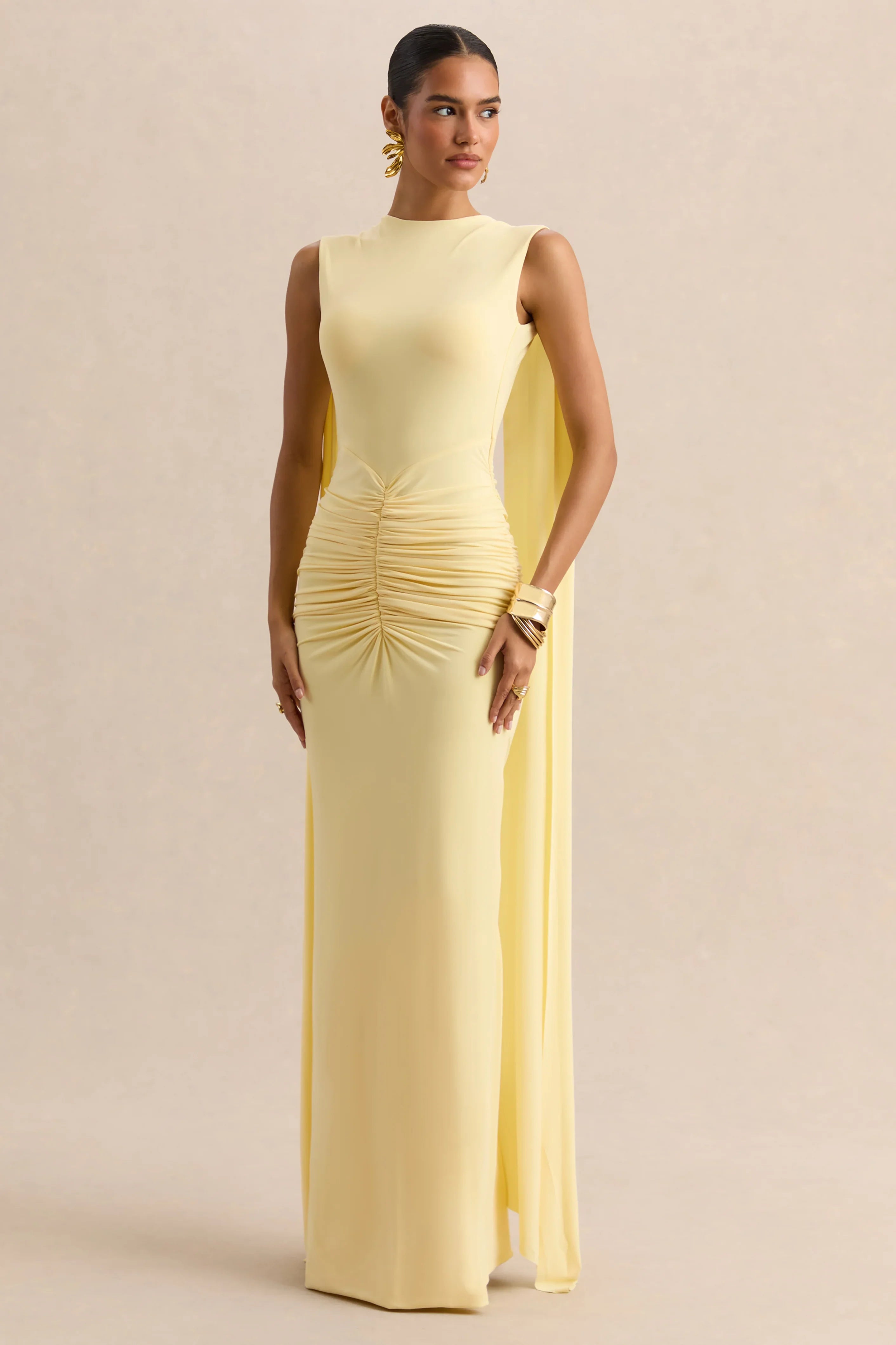 Premiere Lemon Boat Neck Maxi Dress With Cape Sleeves And Open Back