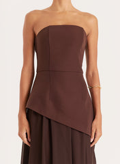 Chocolate Bandeau Asymmetric Detail Maxi Dress