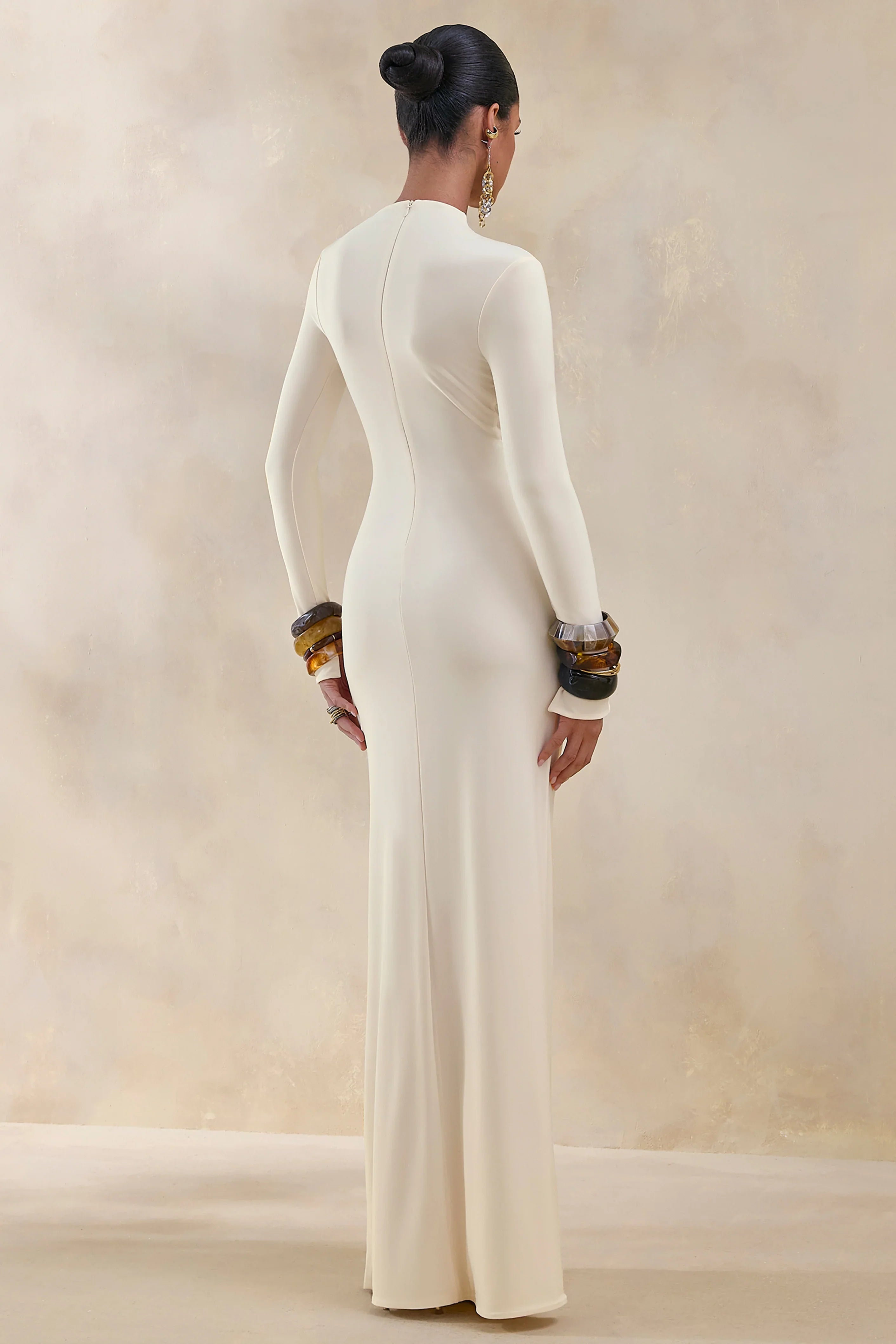 Karessa Cream High Neck Maxi Dress With Gathered Detailing And Front High Split